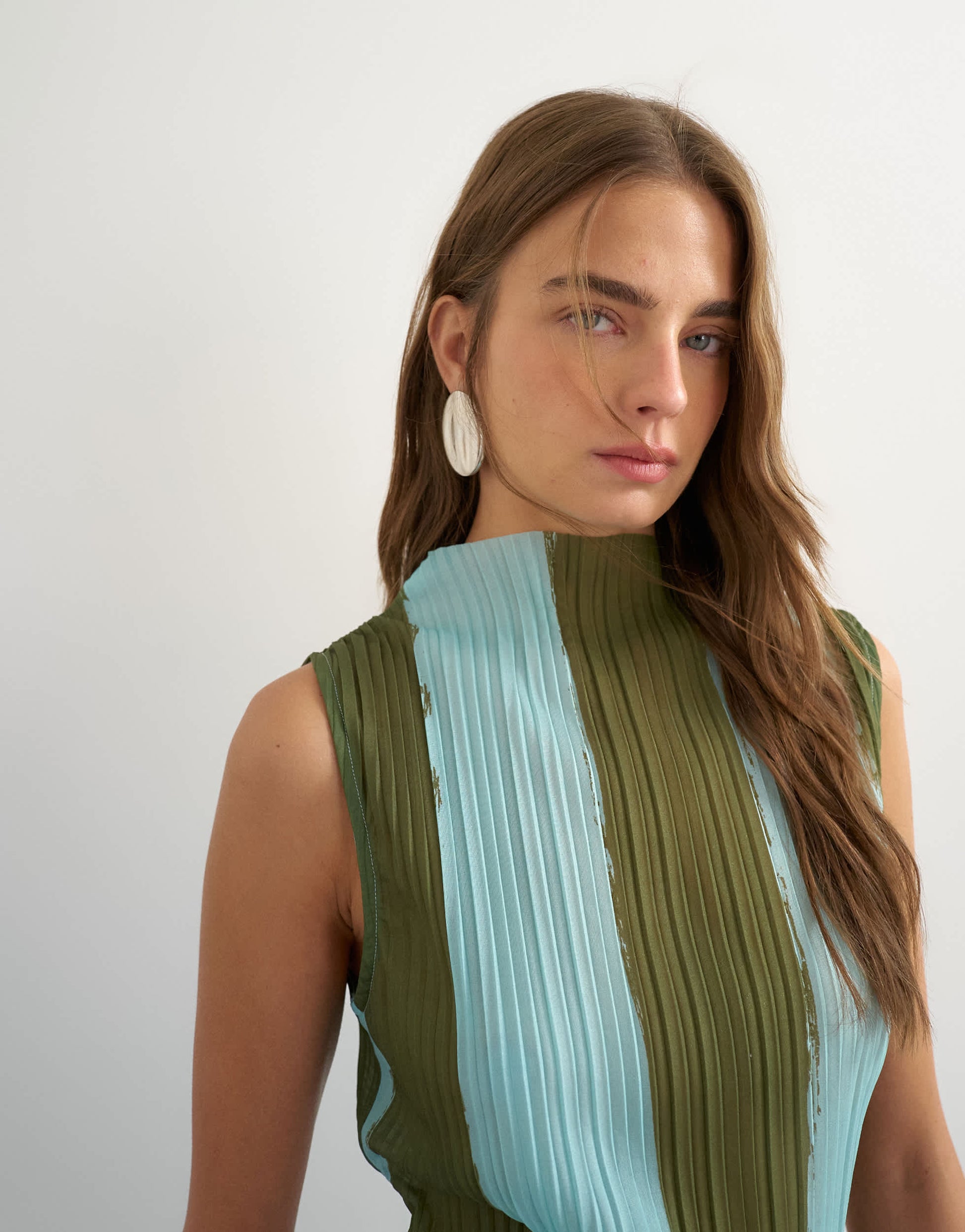 Topshop stripe plisse grown on neck tank in green