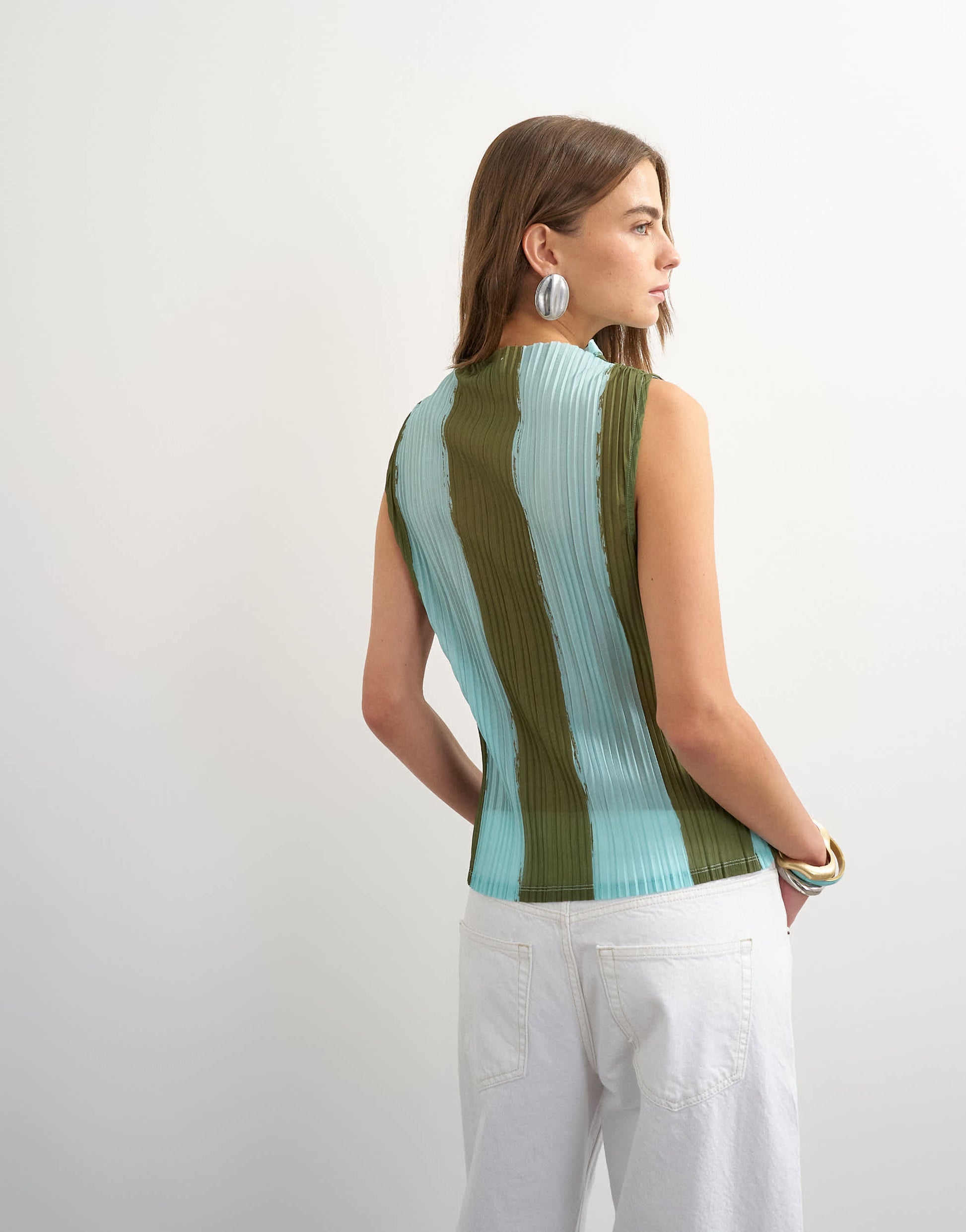 Topshop stripe plisse grown on neck tank in green