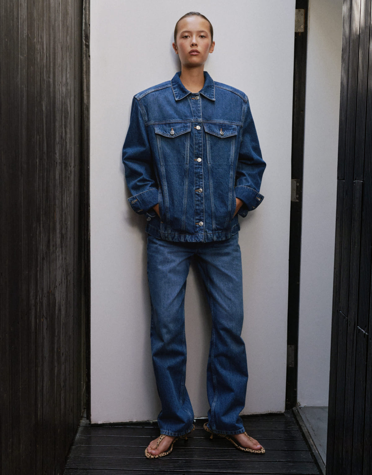 Topshop denim jacket with strong shoulder in mid blue