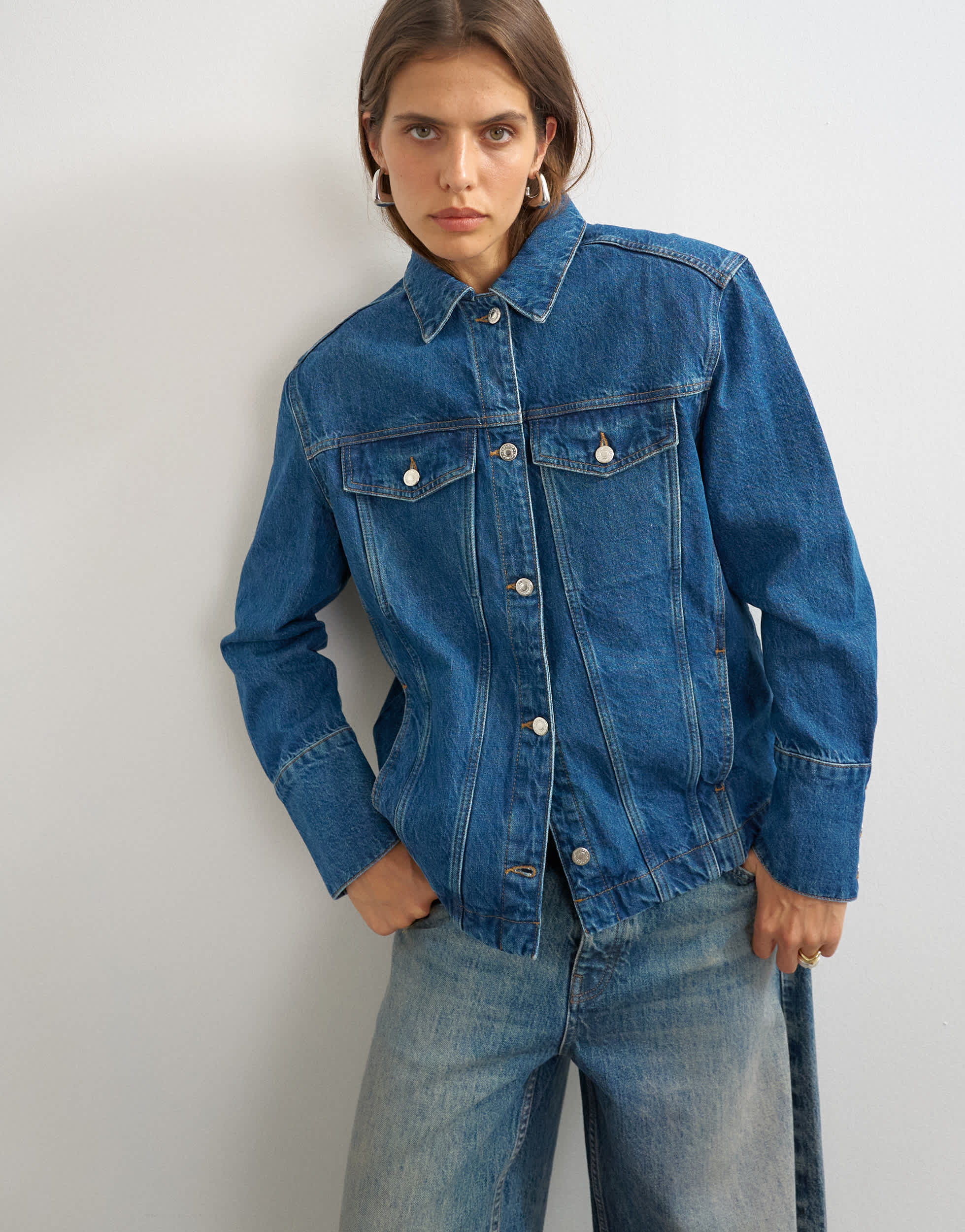 Topshop denim jacket with strong shoulder in mid blue