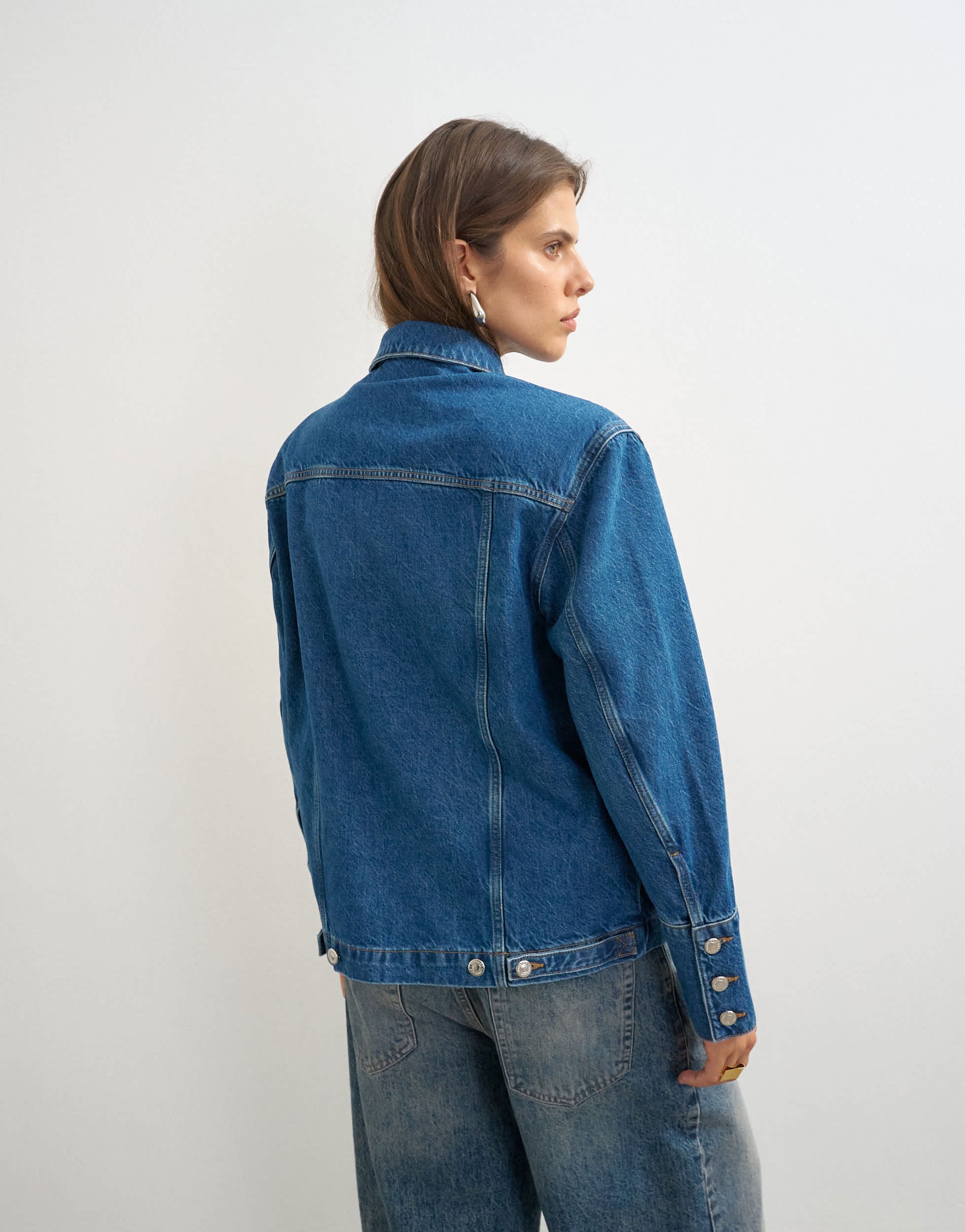 Topshop denim jacket with strong shoulder in mid blue