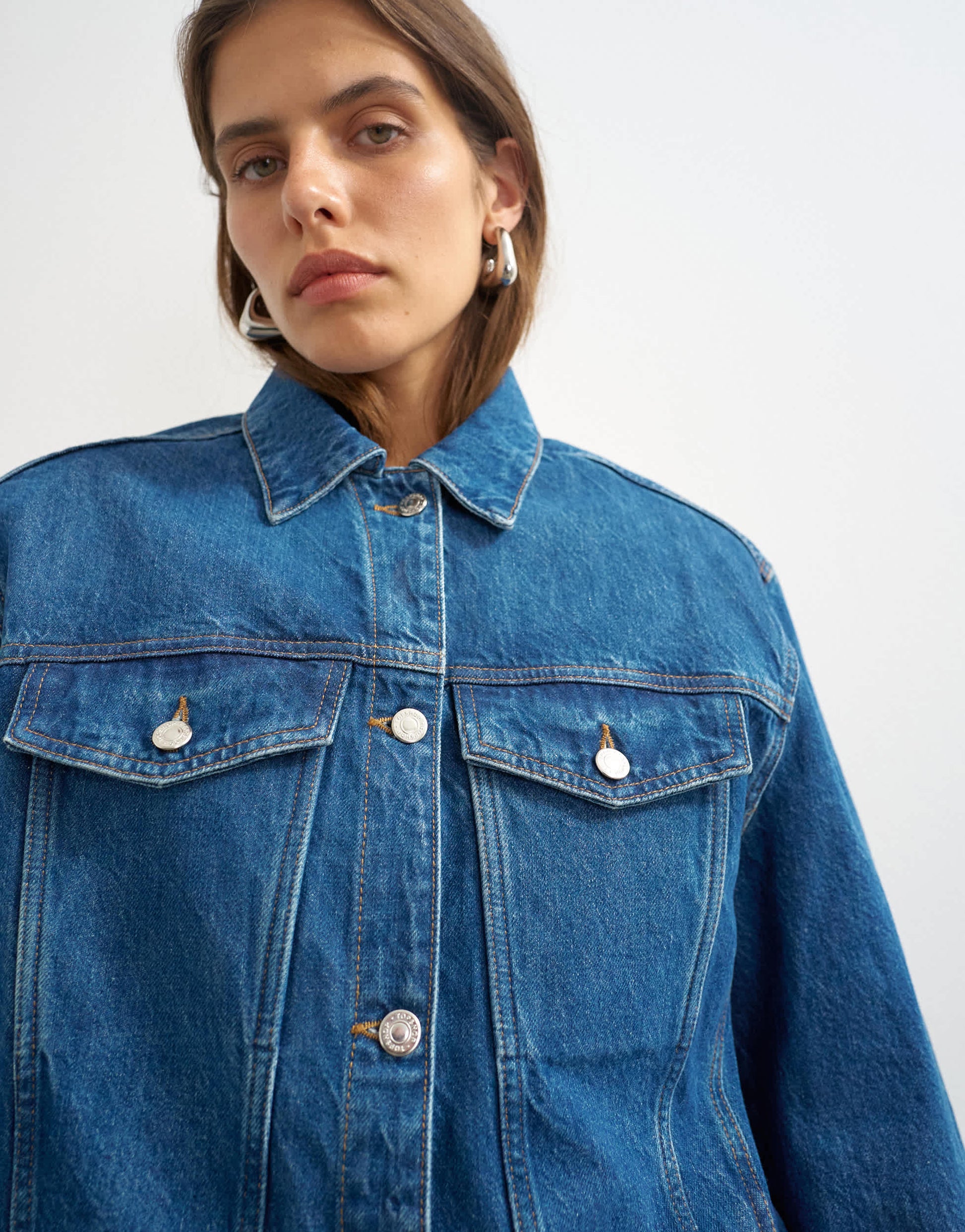 Topshop denim jacket with strong shoulder in mid blue
