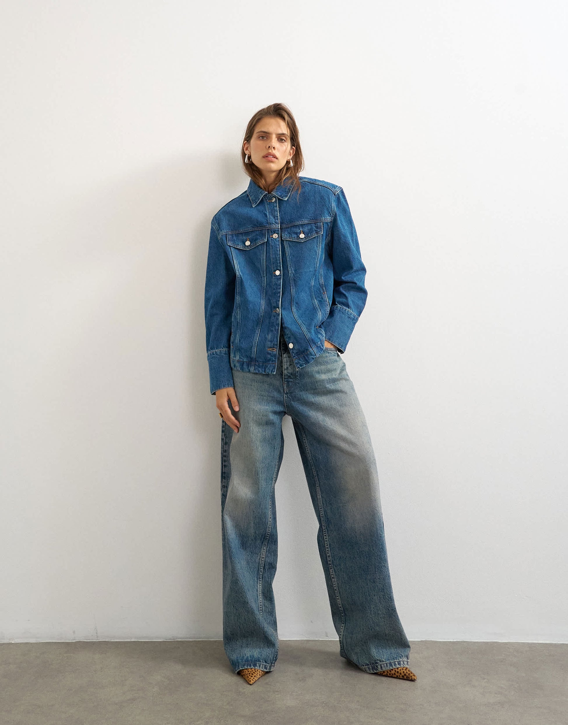 Topshop denim jacket with strong shoulder in mid blue