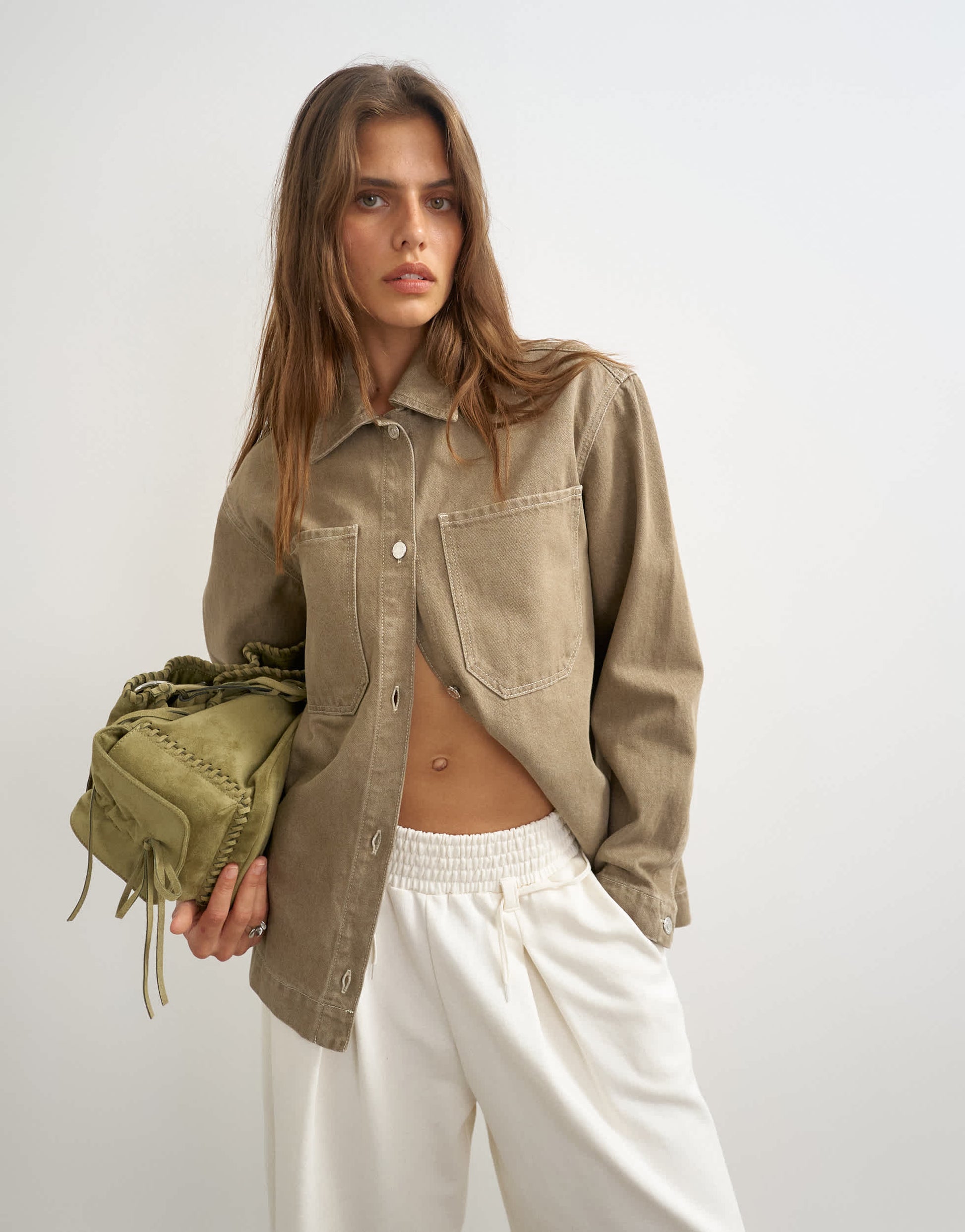 Topshop denim shacket in beige