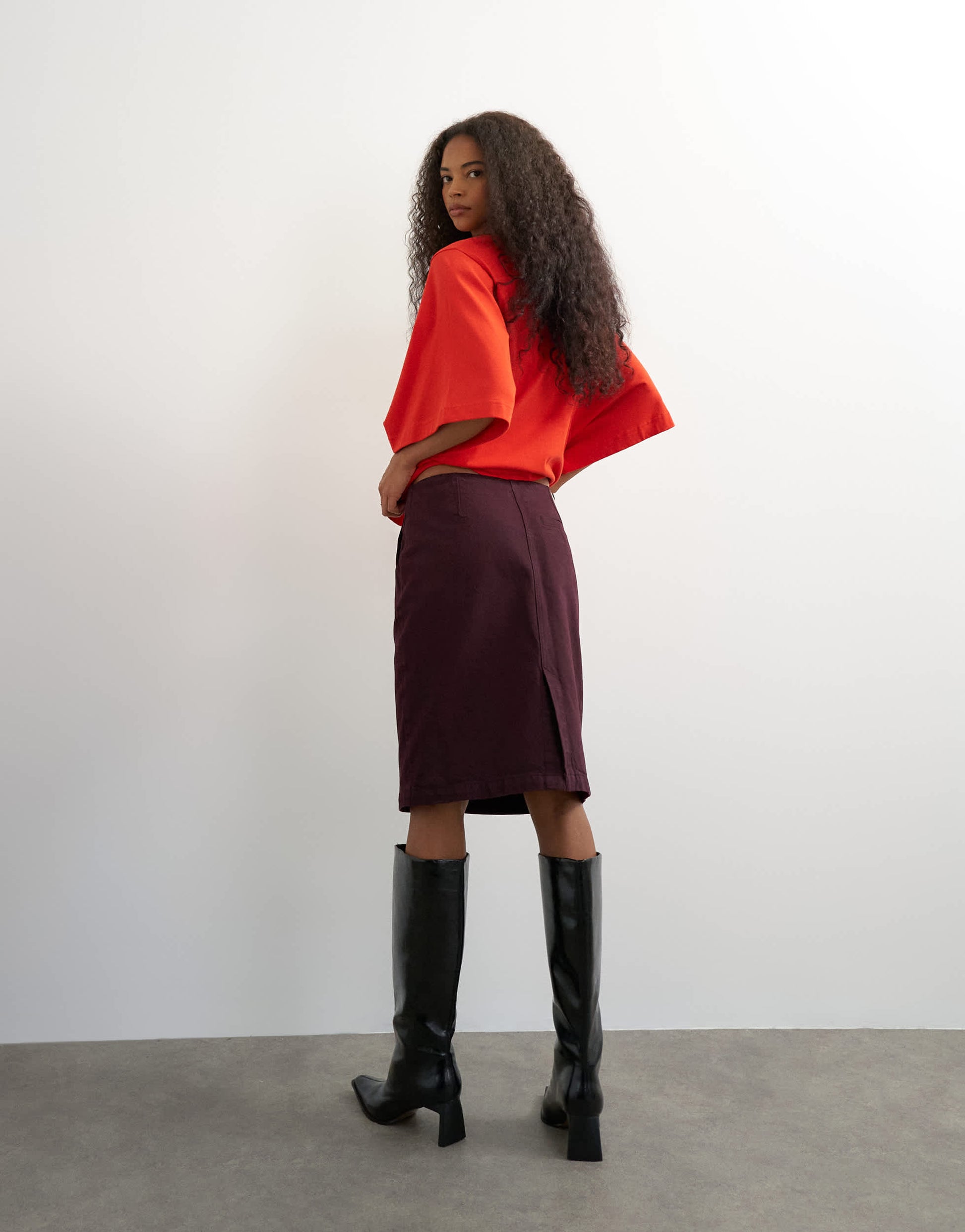 Topshop denim 90s low rise pencil skirt in aubergine