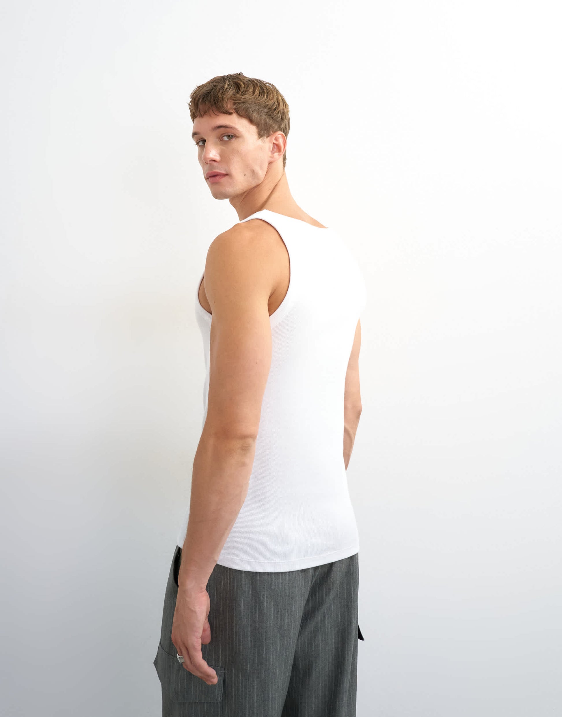 Topman premium square neck ribbed vest in white