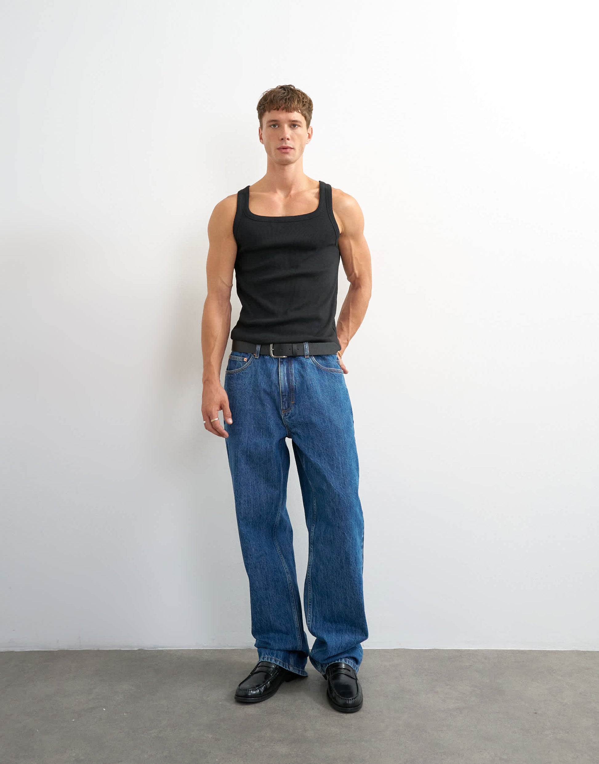 Topman premium square neck ribbed vest in black