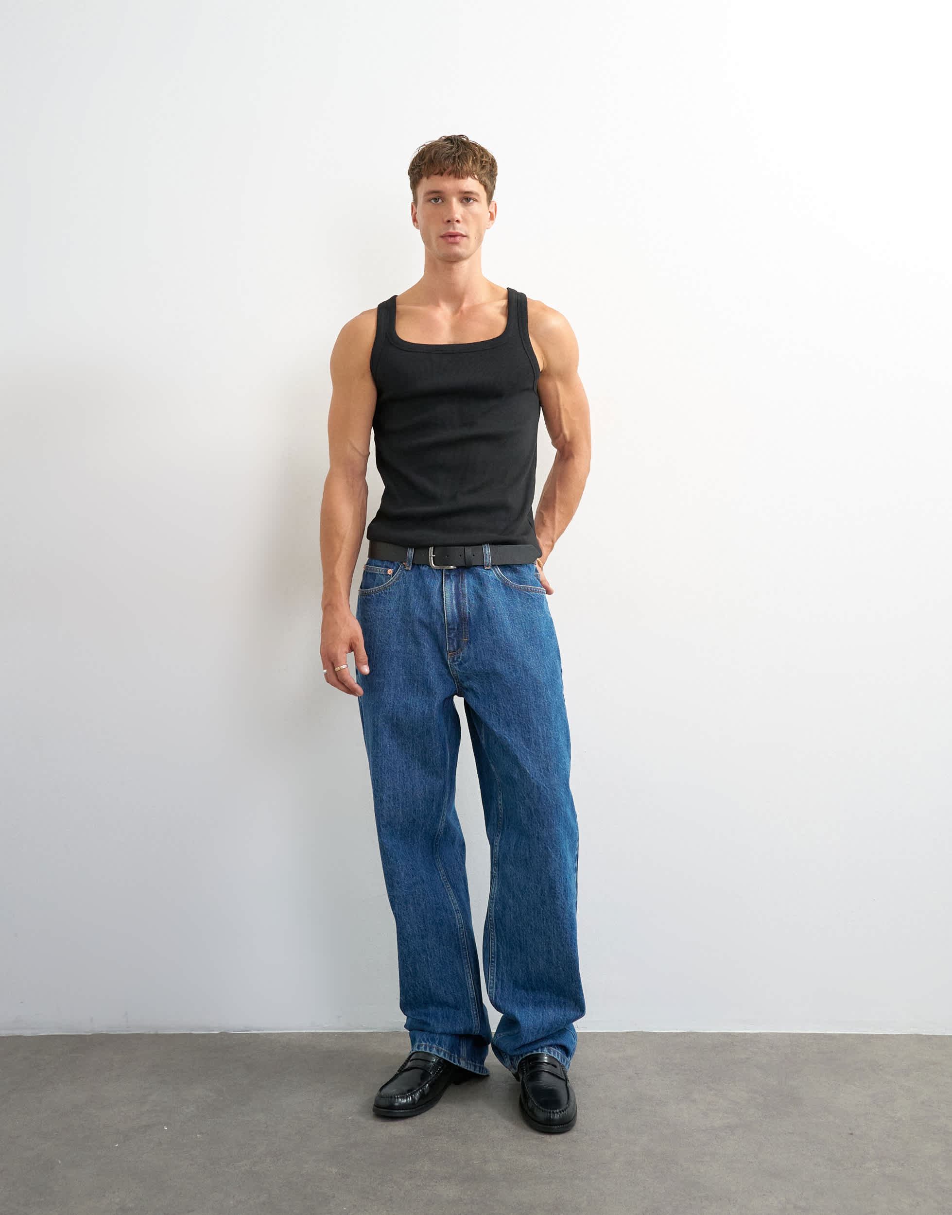 Topman premium square neck ribbed vest in black