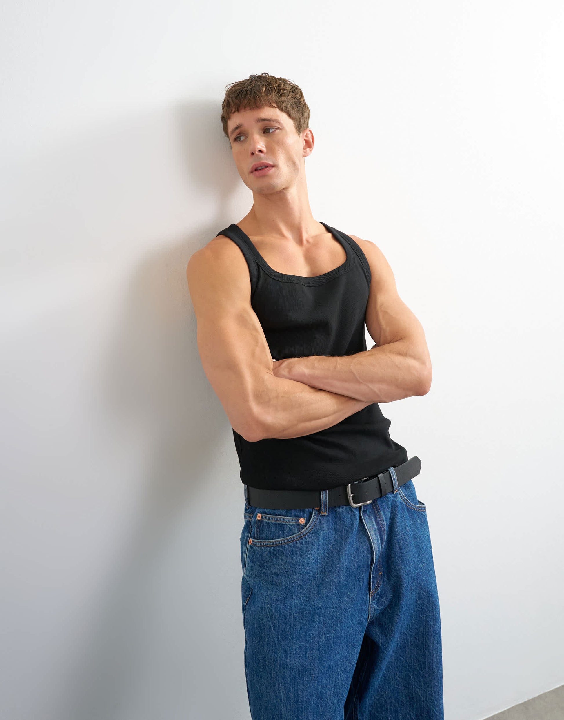 Topman premium square neck ribbed vest in black