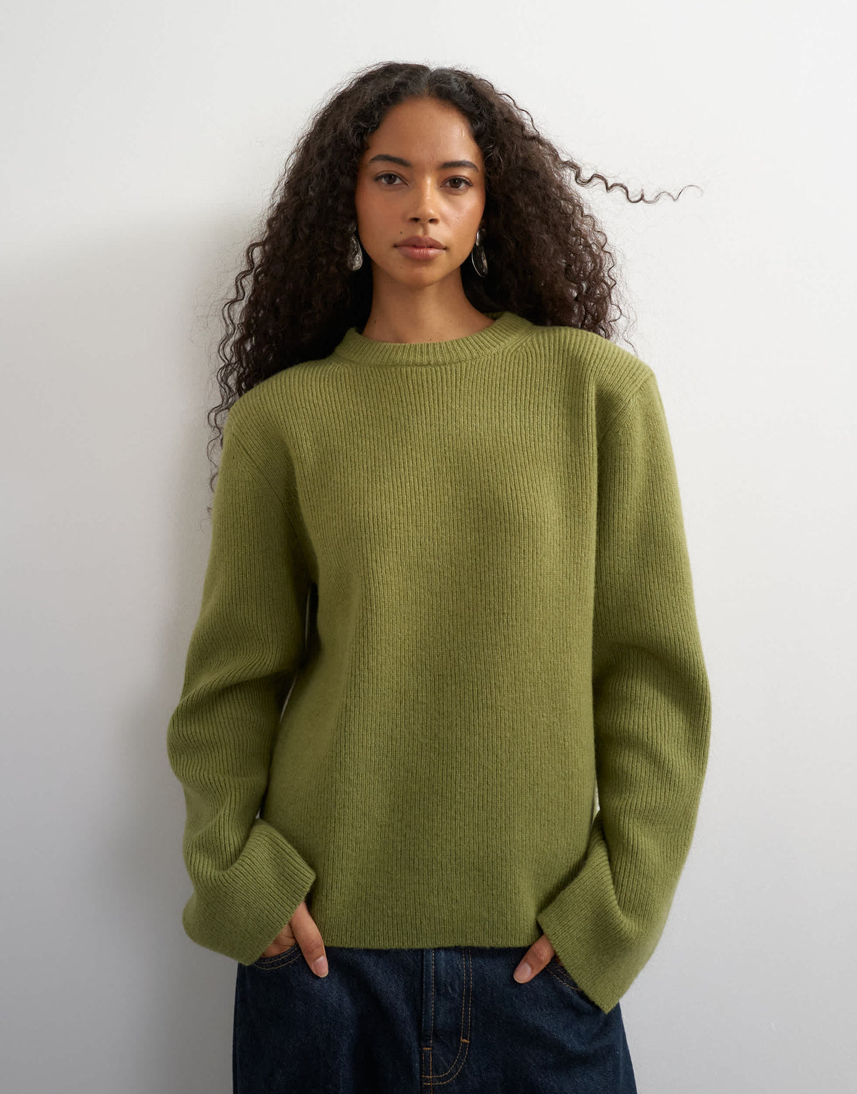 Topshop knitted premium pure lambswool soft shoulder pad jumper in green with blue tipping