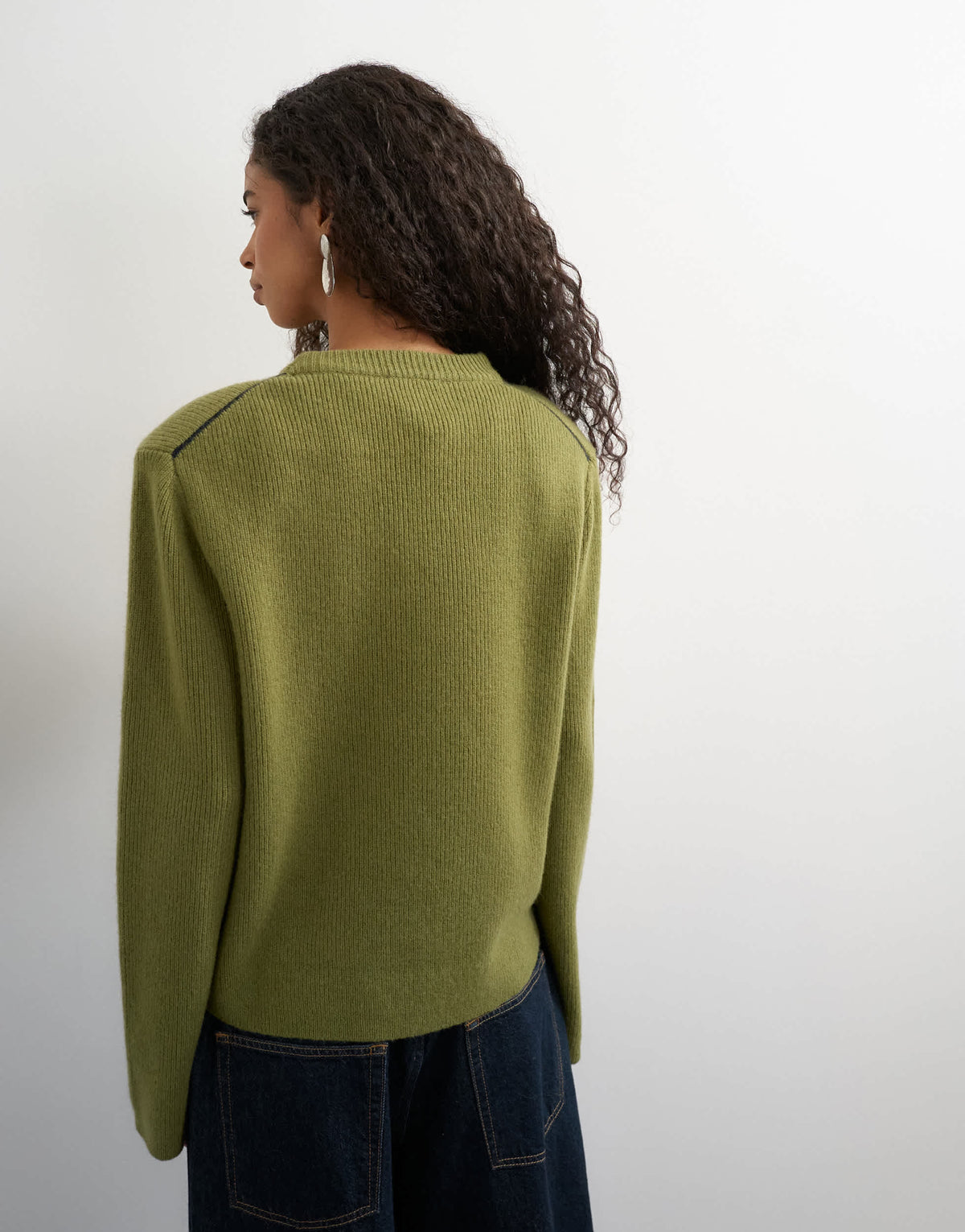 Topshop knitted premium pure lambswool soft shoulder pad jumper in green with blue tipping