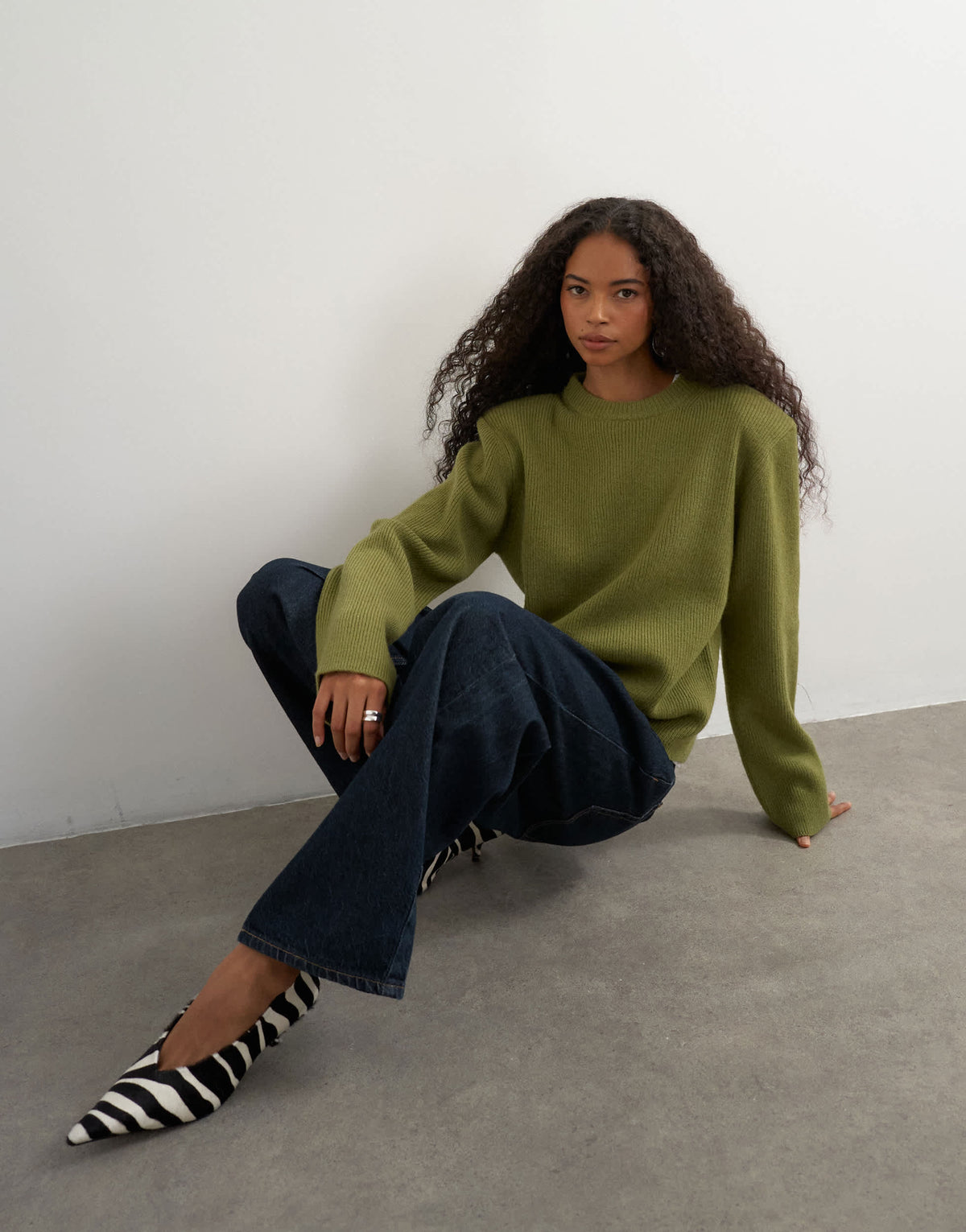 Topshop knitted premium pure lambswool soft shoulder pad jumper in green with blue tipping