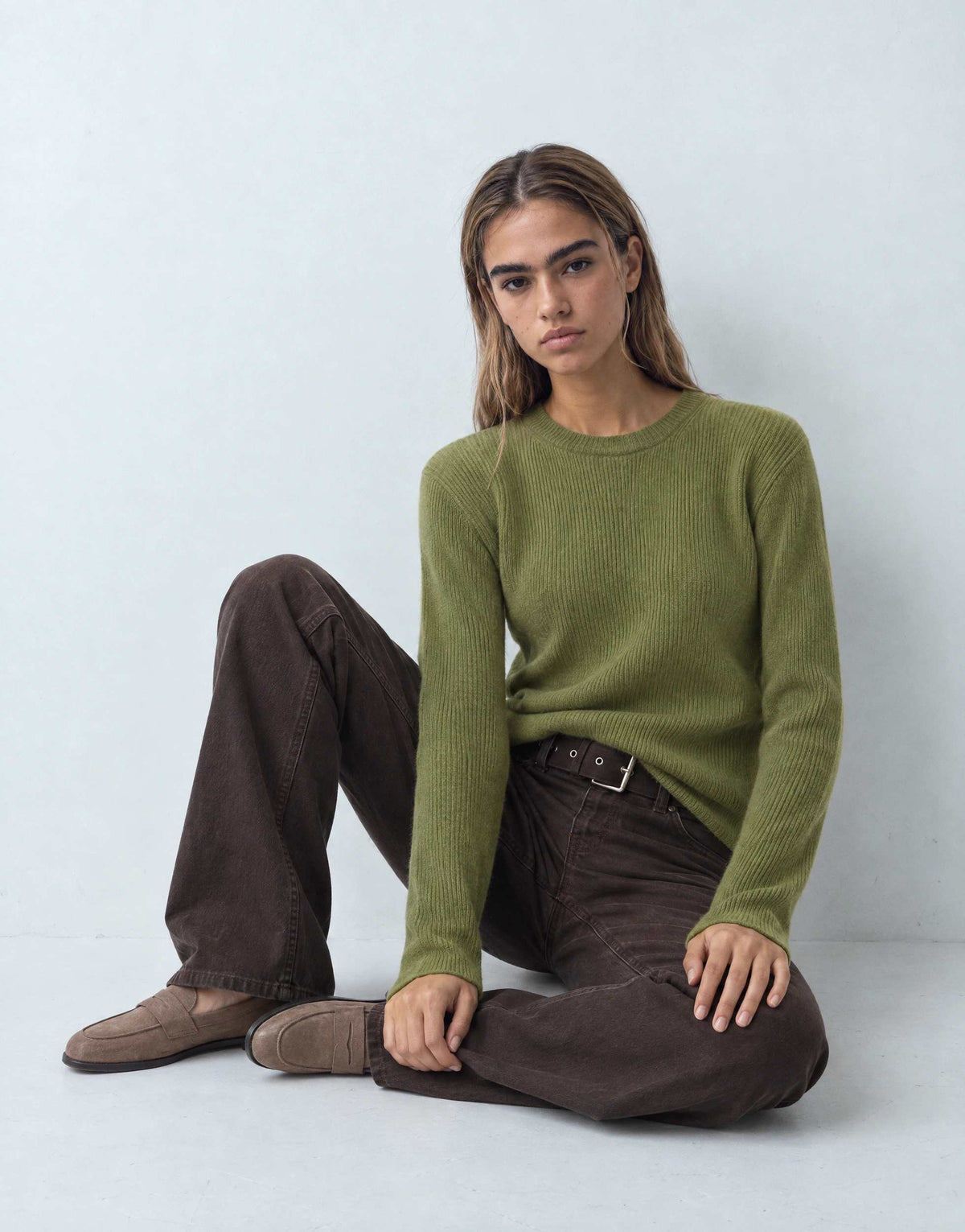 Topshop knitted premium pure lambswool soft shoulder pad jumper in green with blue tipping