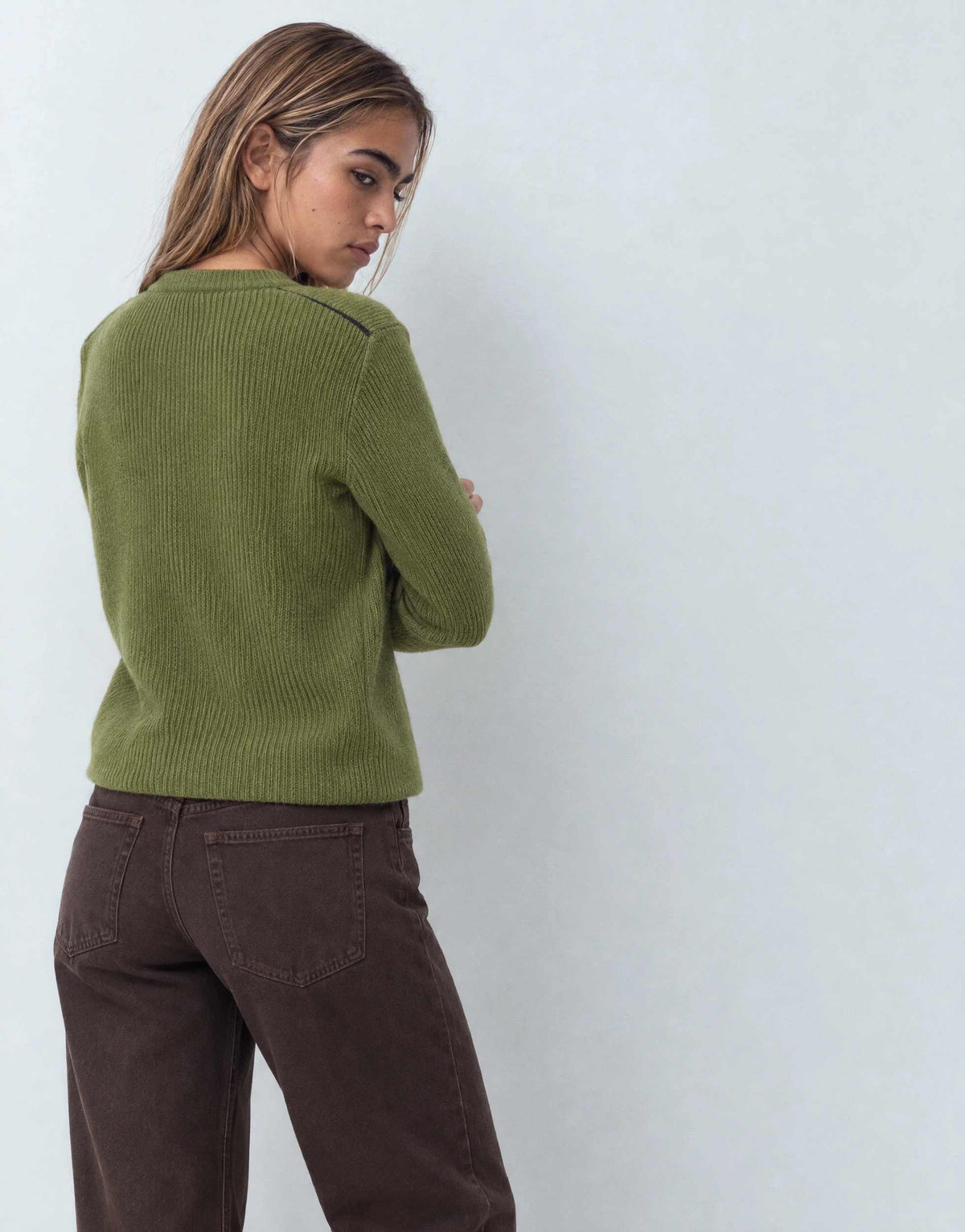 Topshop knitted premium pure lambswool soft shoulder pad jumper in green with blue tipping