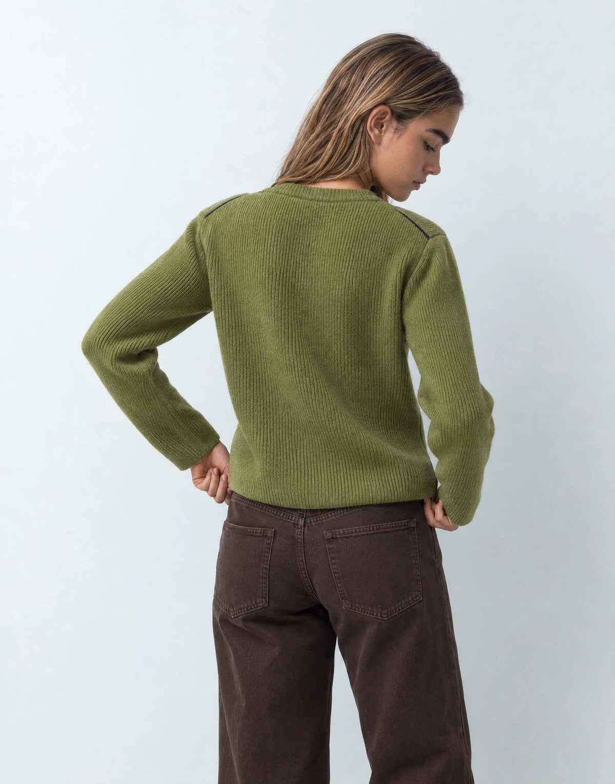 Topshop knitted premium pure lambswool soft shoulder pad jumper in green with blue tipping