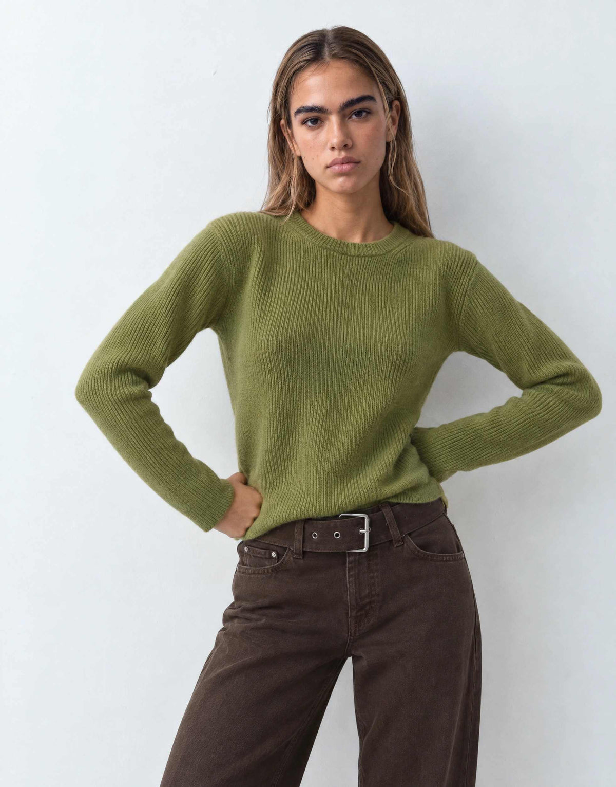 Topshop knitted premium pure lambswool soft shoulder pad jumper in green with blue tipping