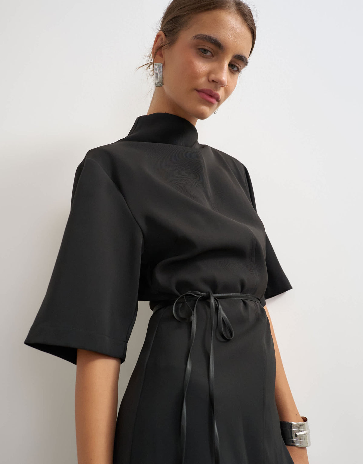 Topshop heavy crepe asymmetric neck structured shoulder pad mini dress with belt in black