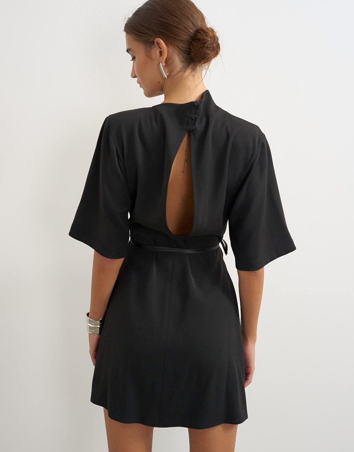 Topshop heavy crepe asymmetric neck structured shoulder pad mini dress with belt in black