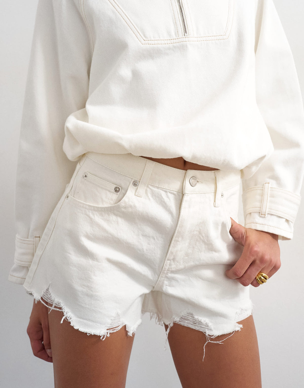Topshop denim A-line short with rip in white