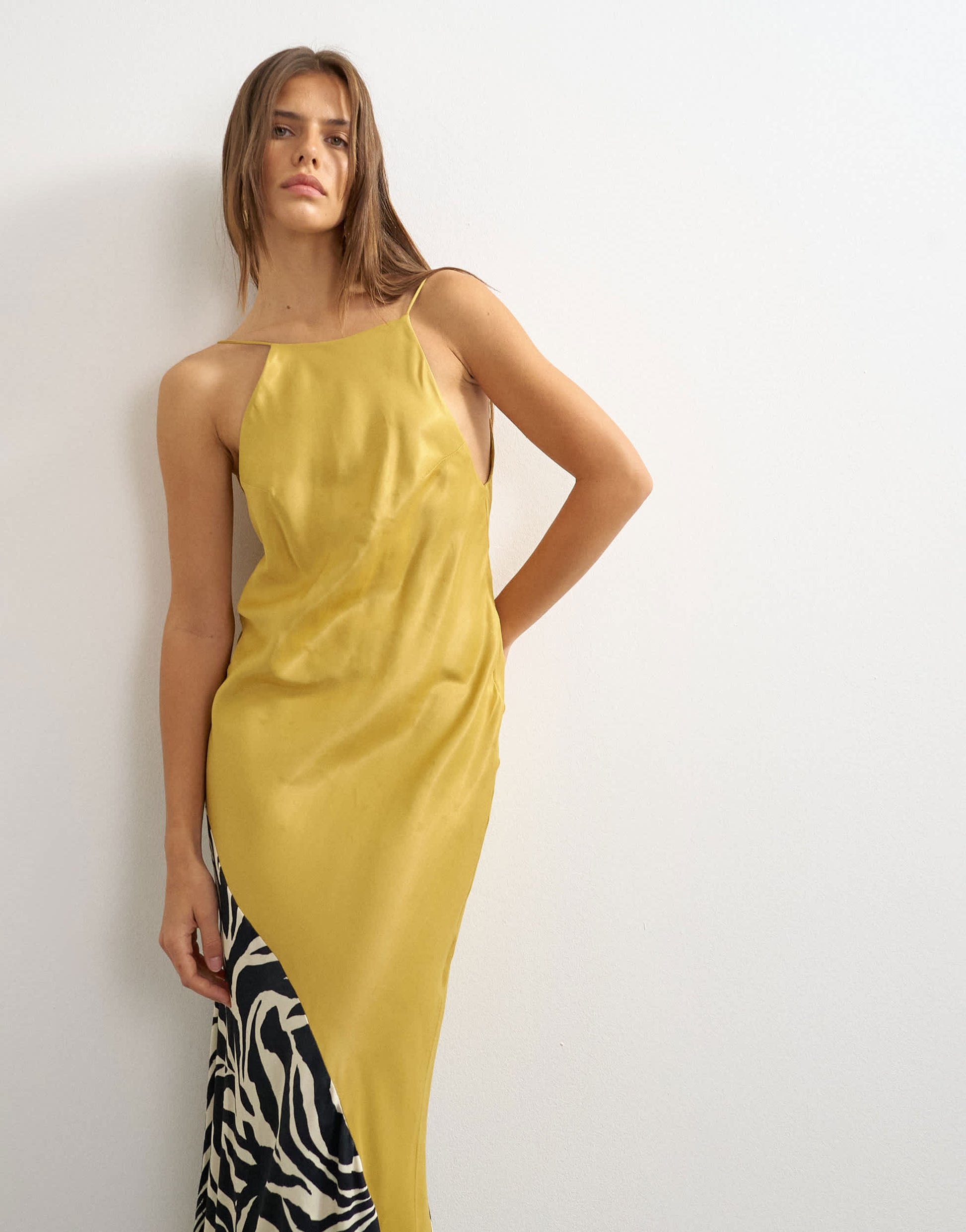 Topshop satin bias halter neck open scoop back maxi dress in colour block animal