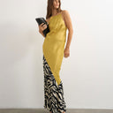 Topshop satin bias halter neck open scoop back maxi dress in colour block animal