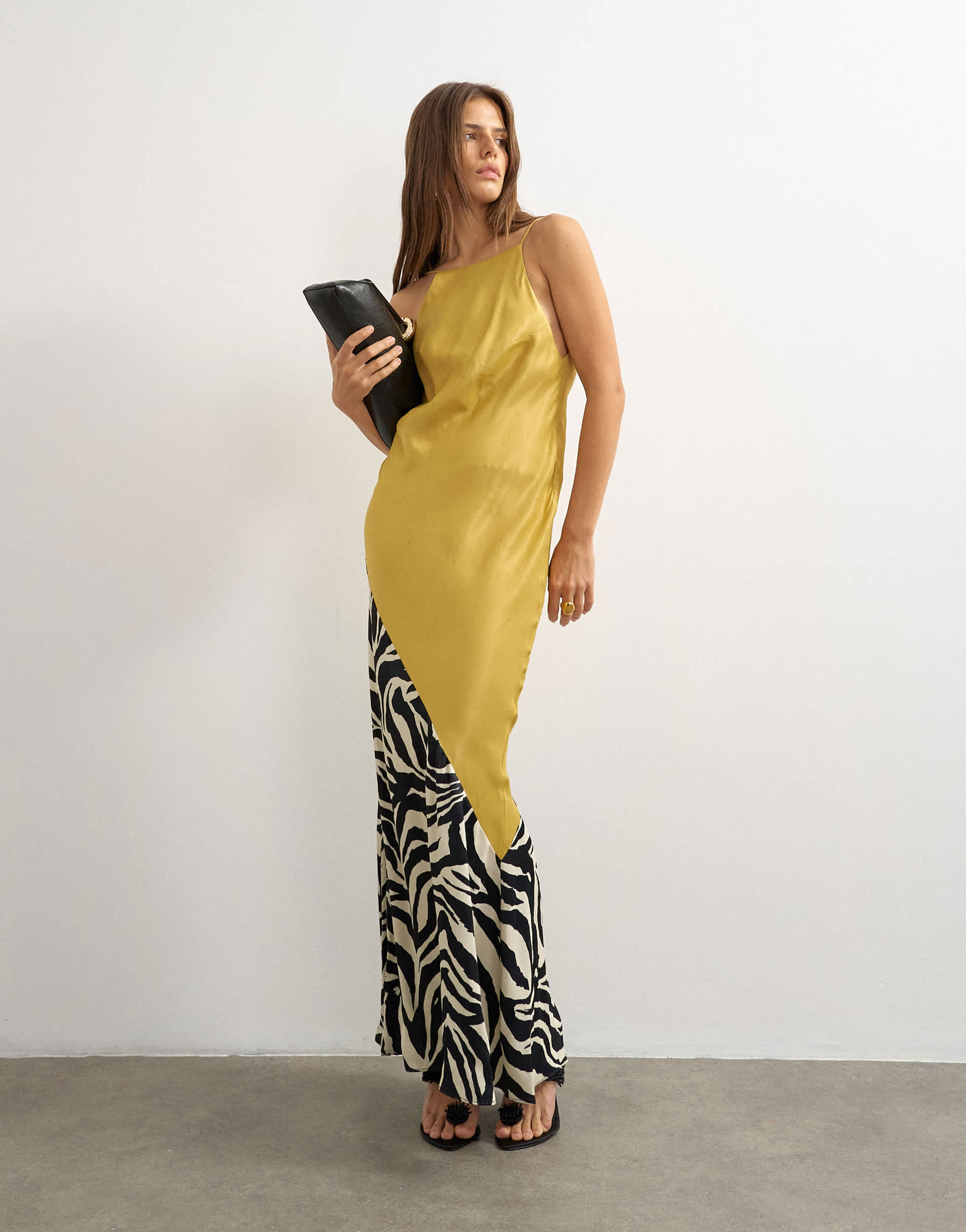 Topshop satin bias halter neck open scoop back maxi dress in colour block animal