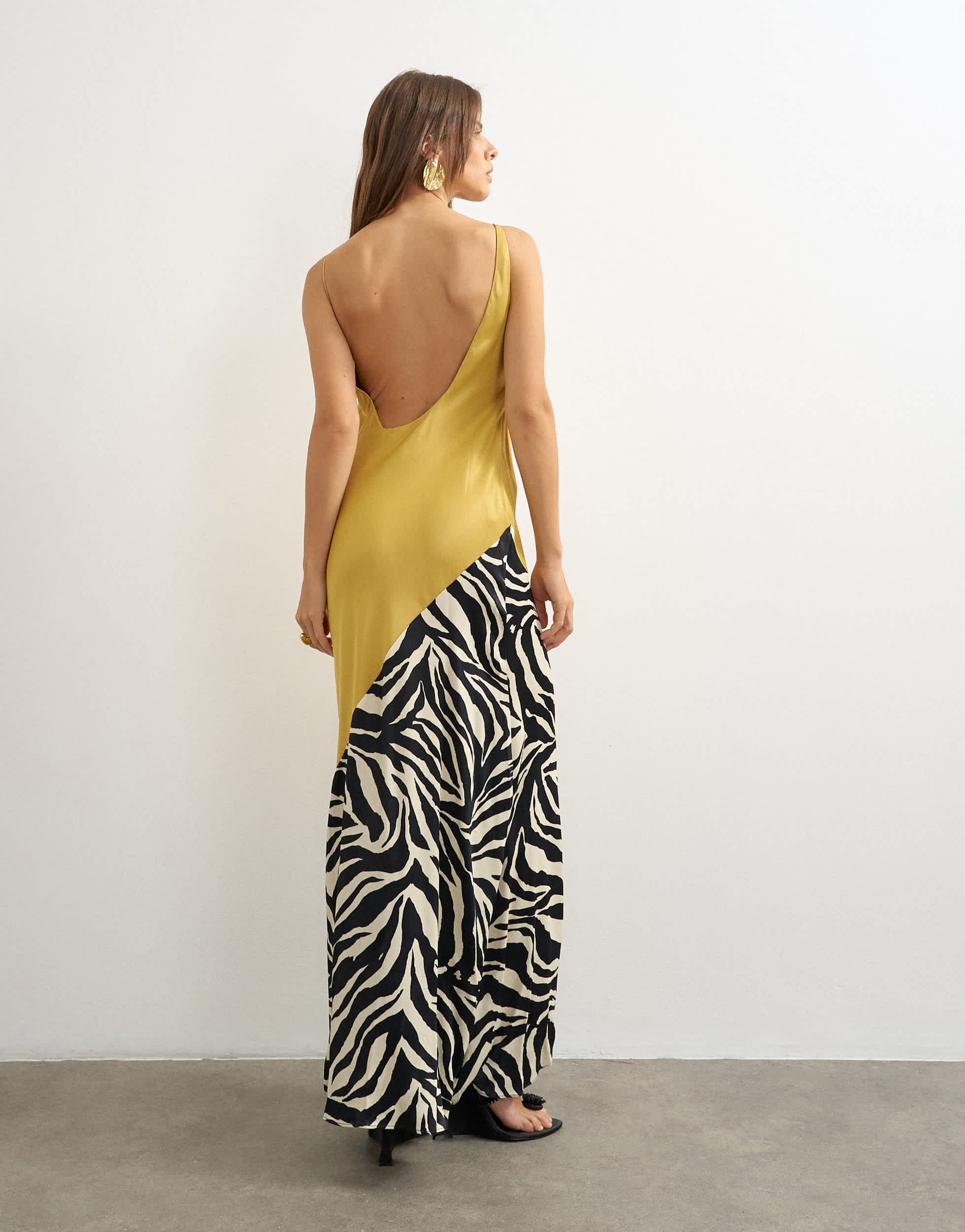Topshop satin bias halter neck open scoop back maxi dress in colour block animal