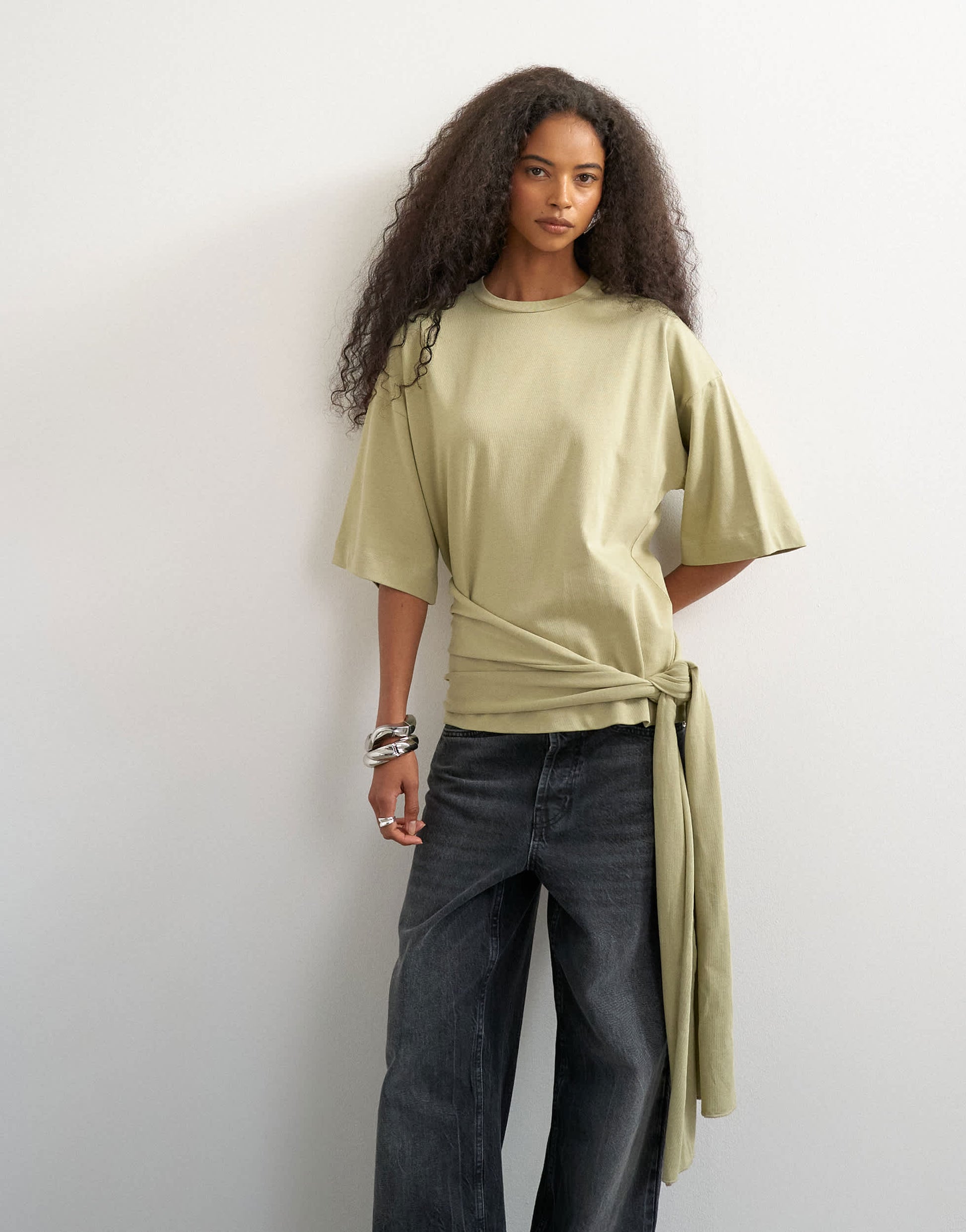 Topshop wrap waist tie detail top in khaki