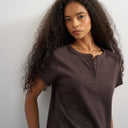 Topshop linen blend fitted short sleeve henley in chocolate
