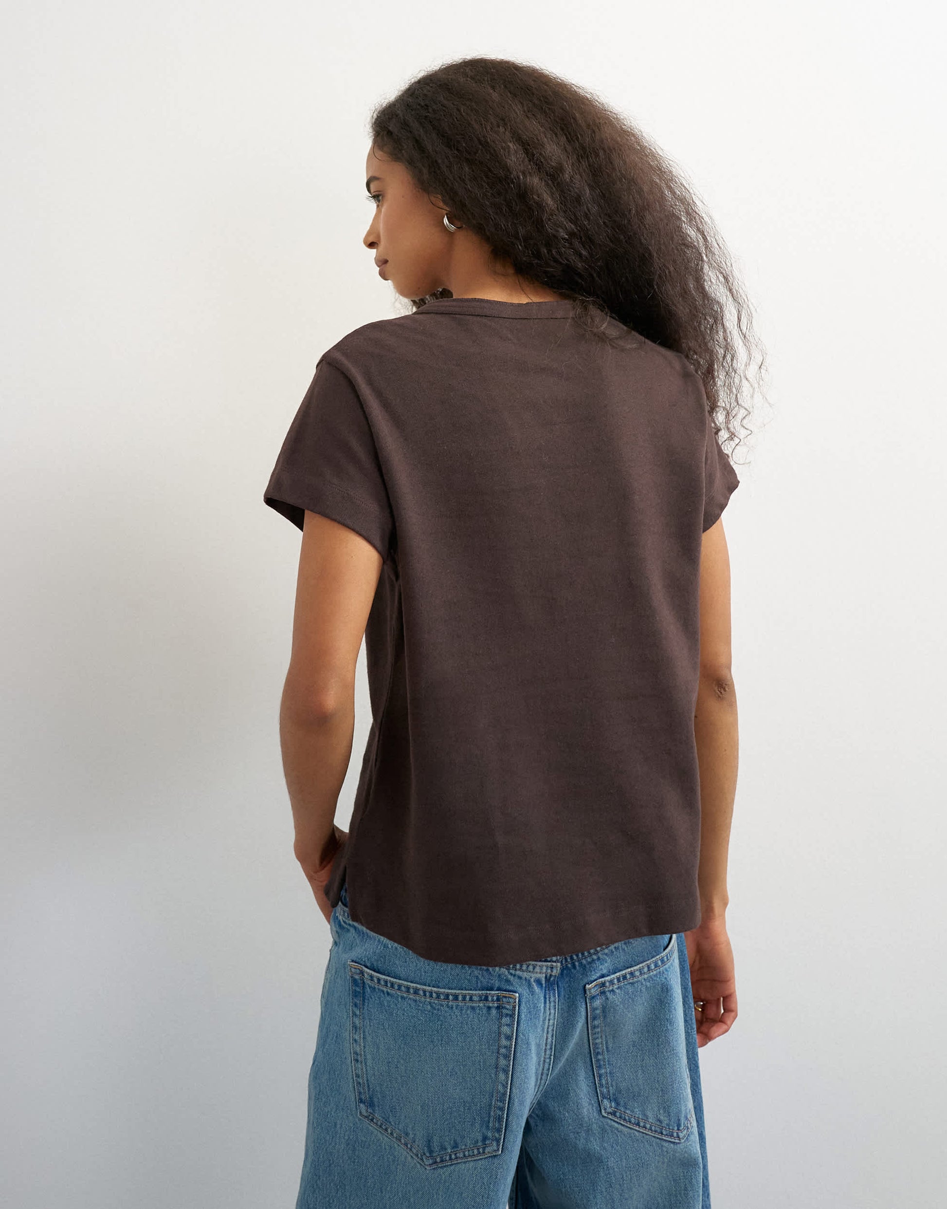 Topshop linen blend fitted short sleeve henley in chocolate
