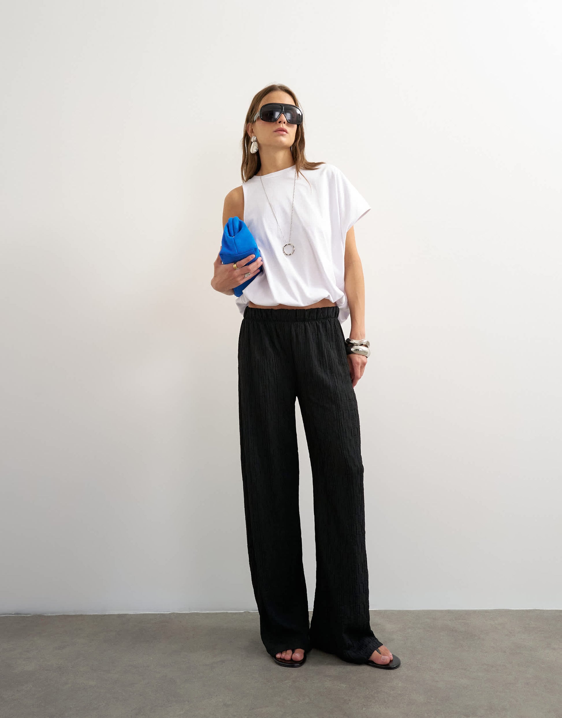 Topshop plisse jersey wide leg trouser in black