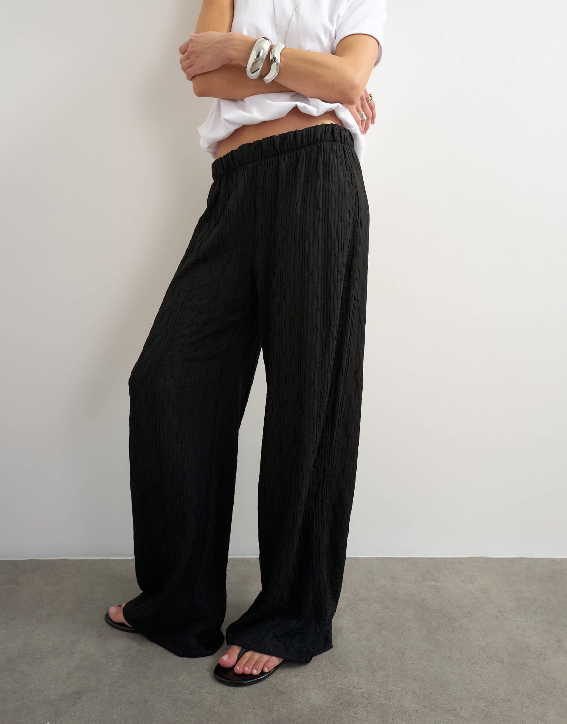 Topshop plisse jersey wide leg trouser in black