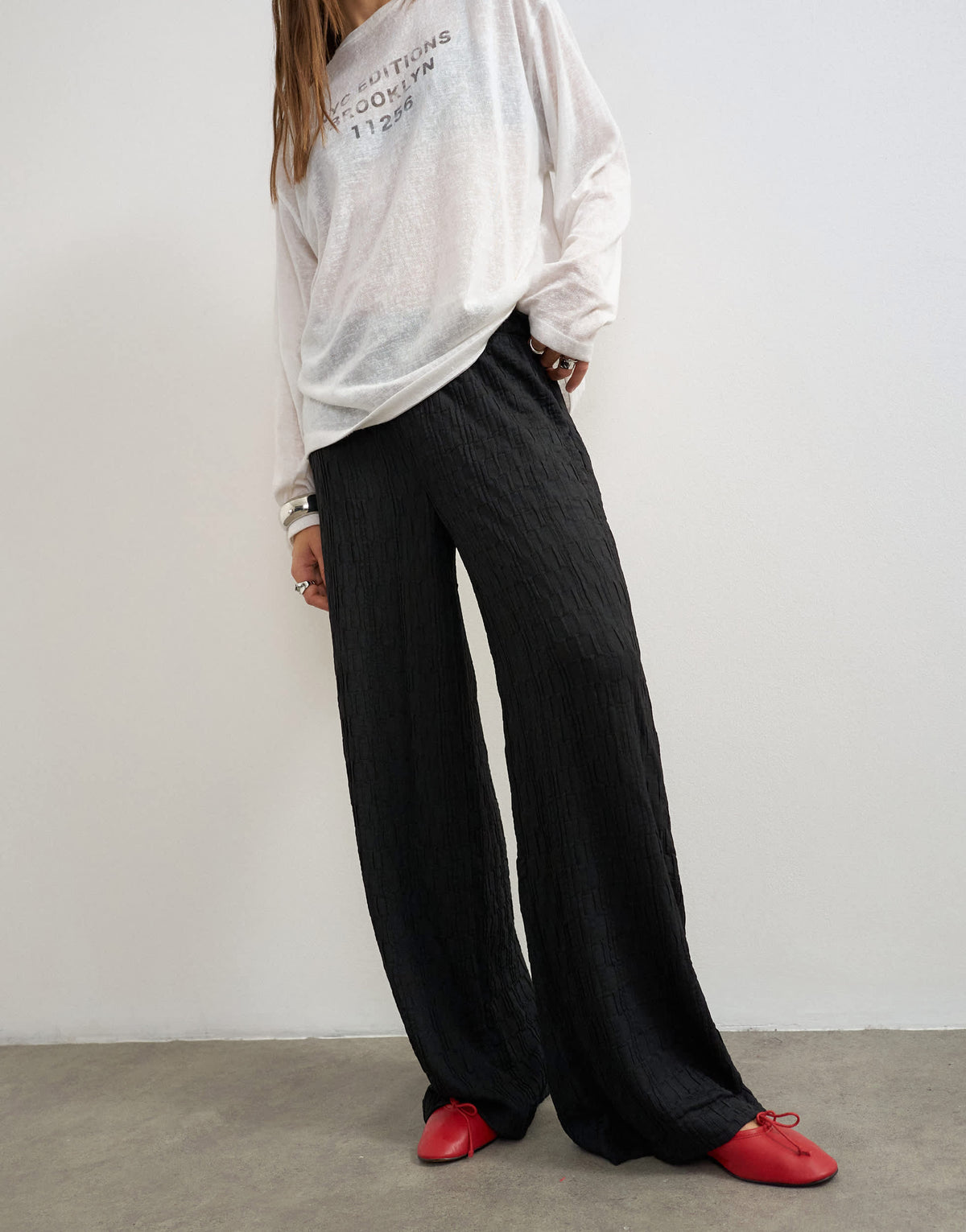 Topshop plisse jersey wide leg trouser in black
