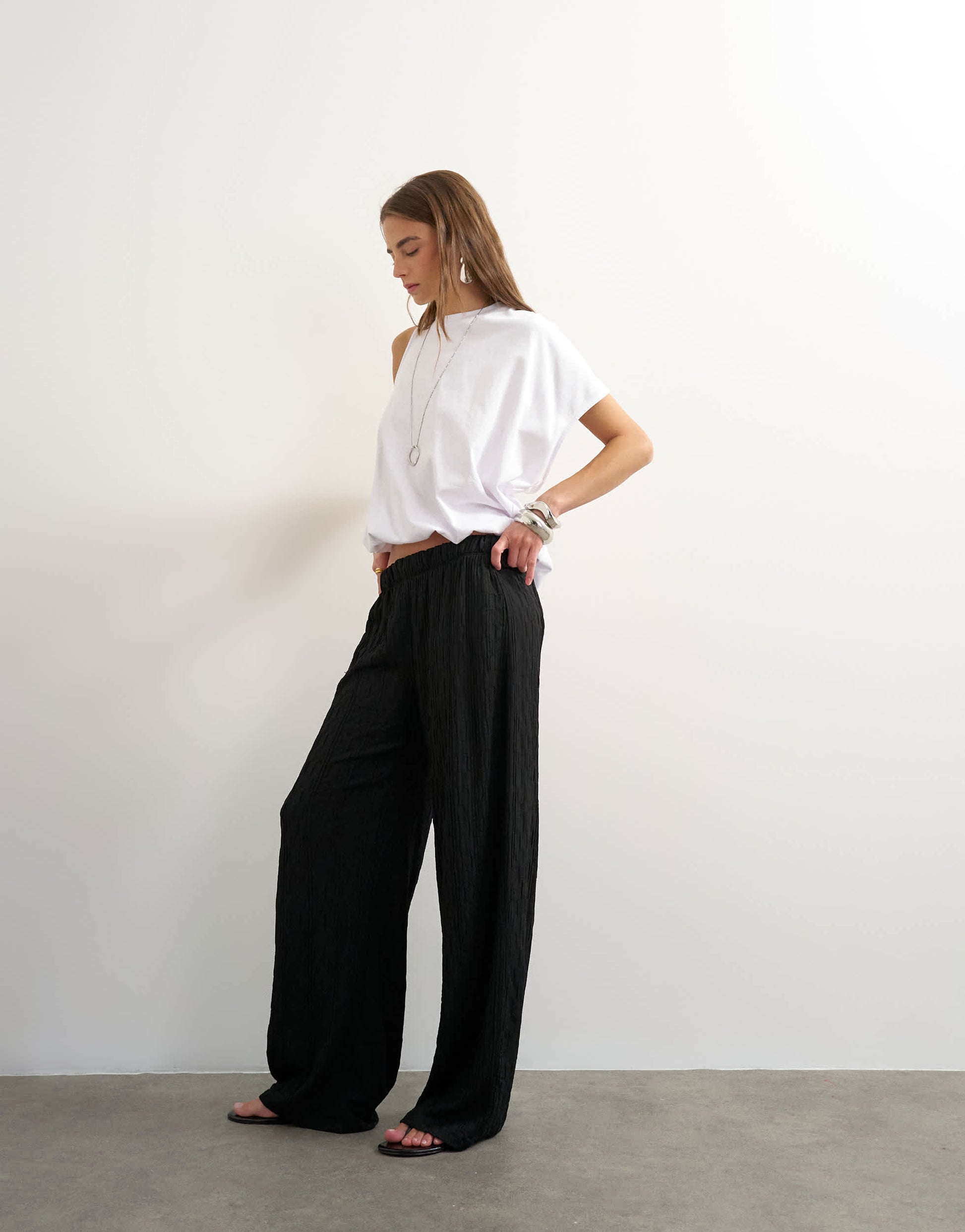 Topshop plisse jersey wide leg trouser in black