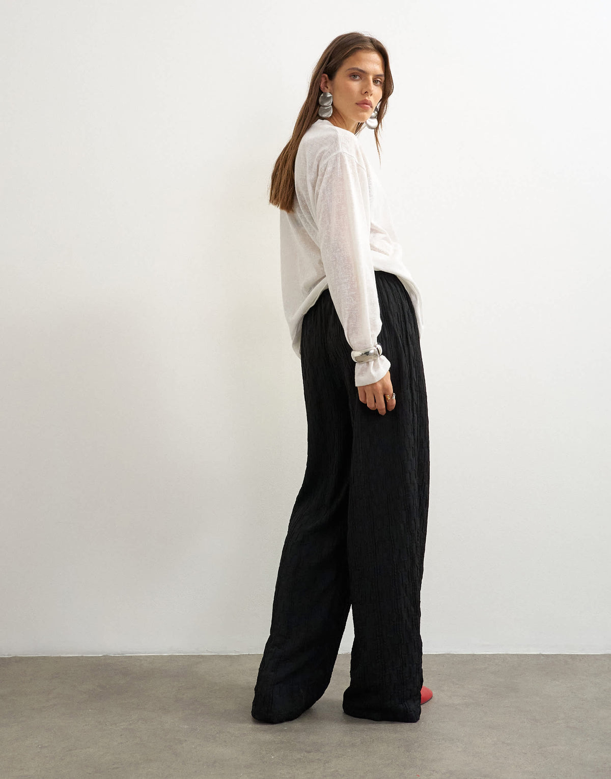 Topshop plisse jersey wide leg trouser in black