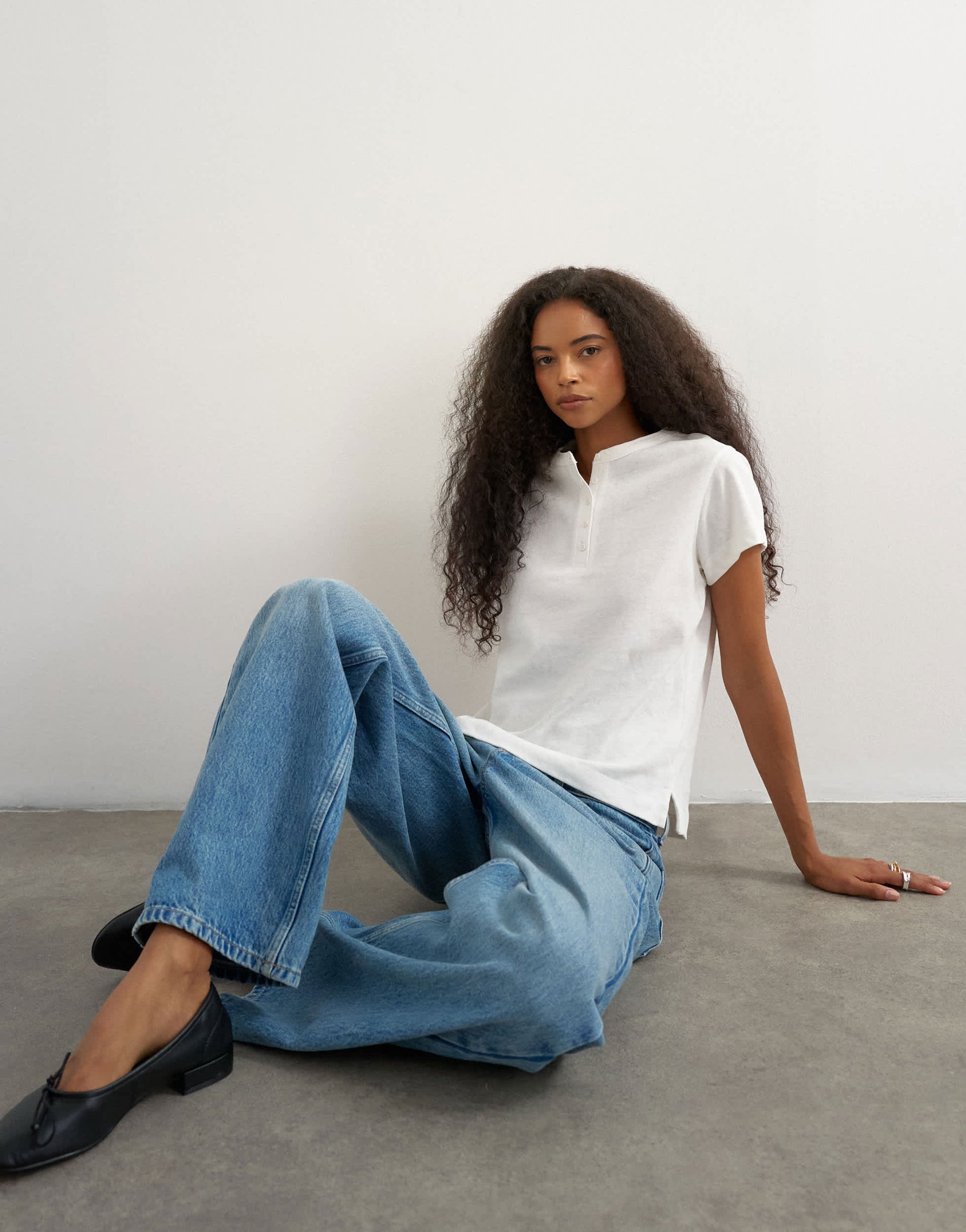 Topshop linen blend fitted short sleeve henley in white
