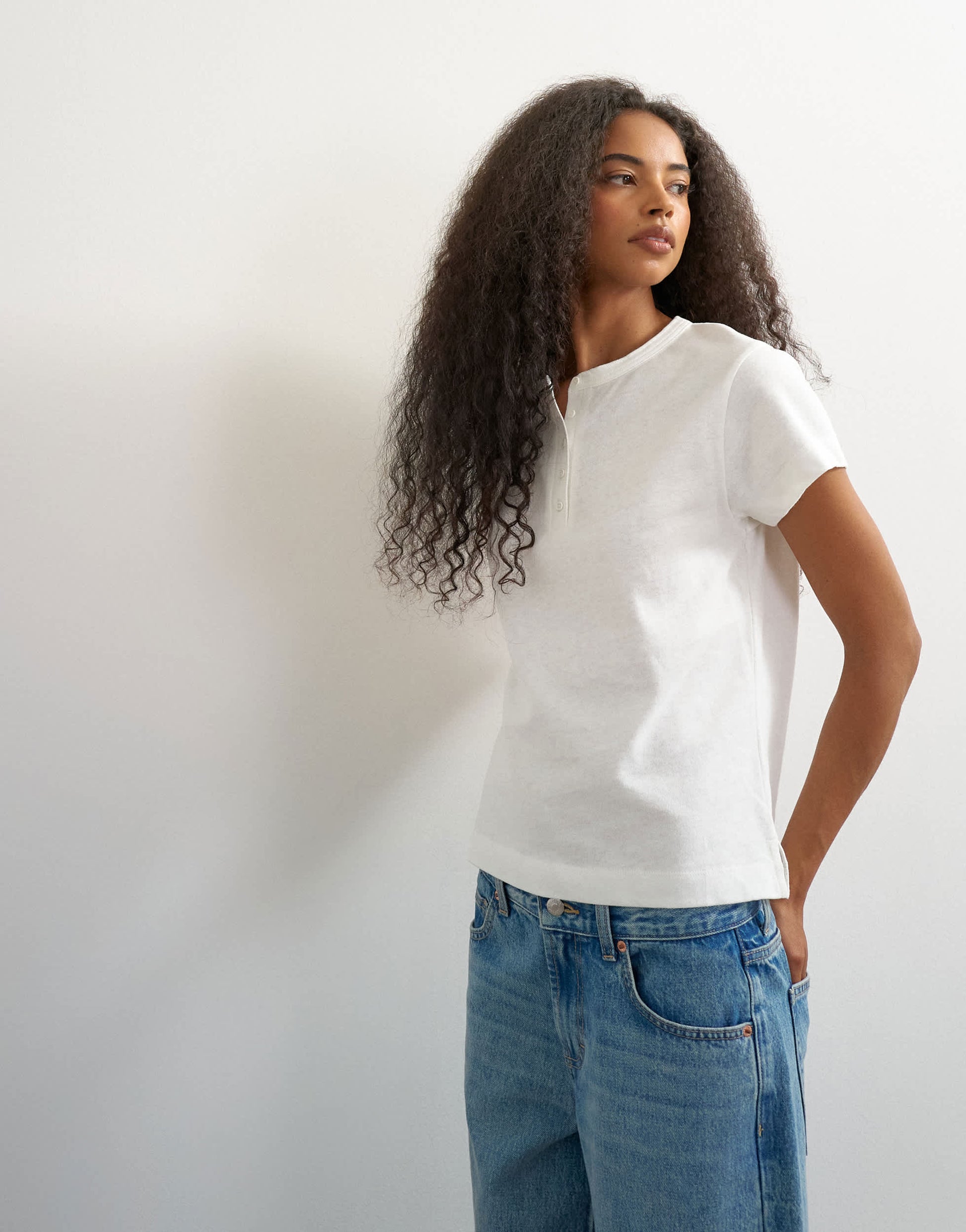 Topshop linen blend fitted short sleeve henley in white