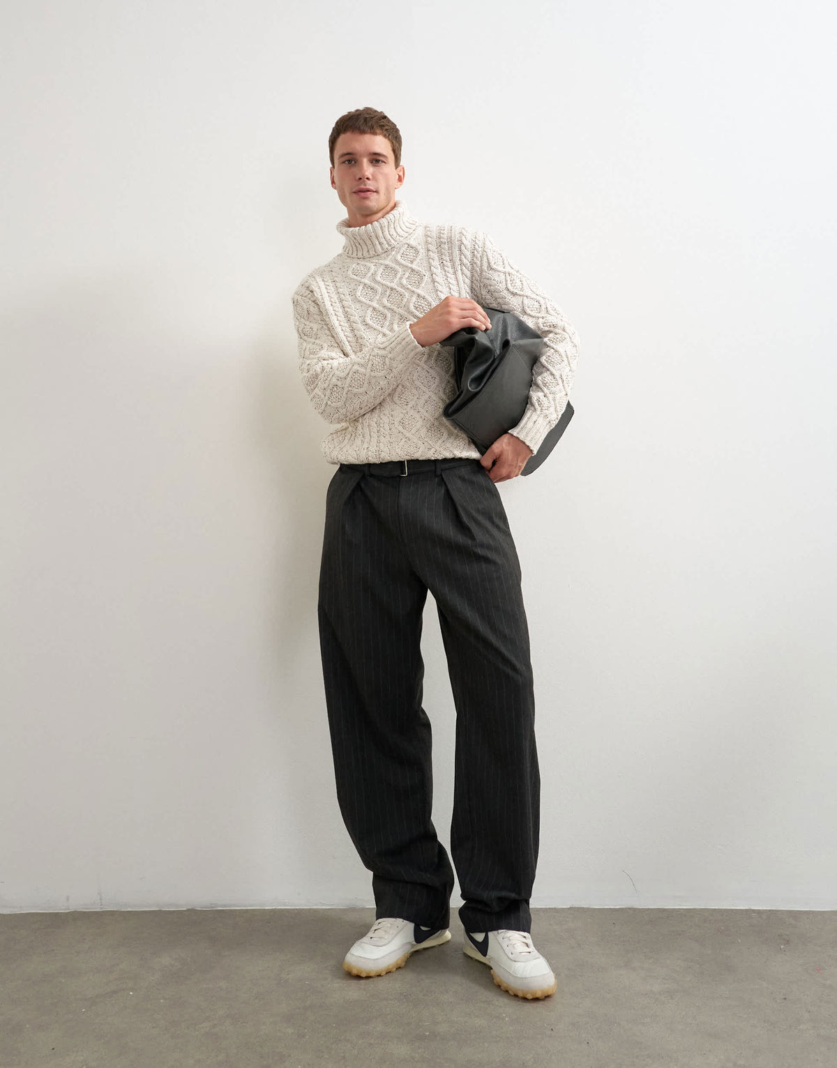 Topman wide leg belted pinstripe trouser with pleats in grey