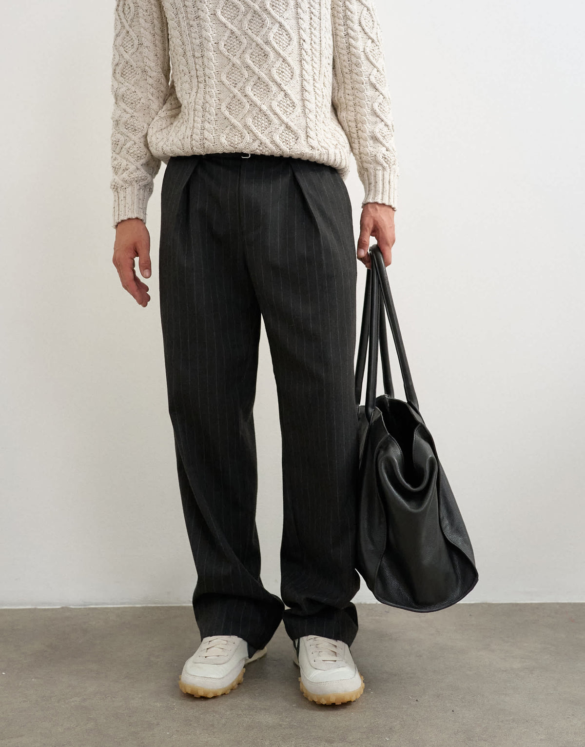 Topman wide leg belted pinstripe trouser with pleats in grey