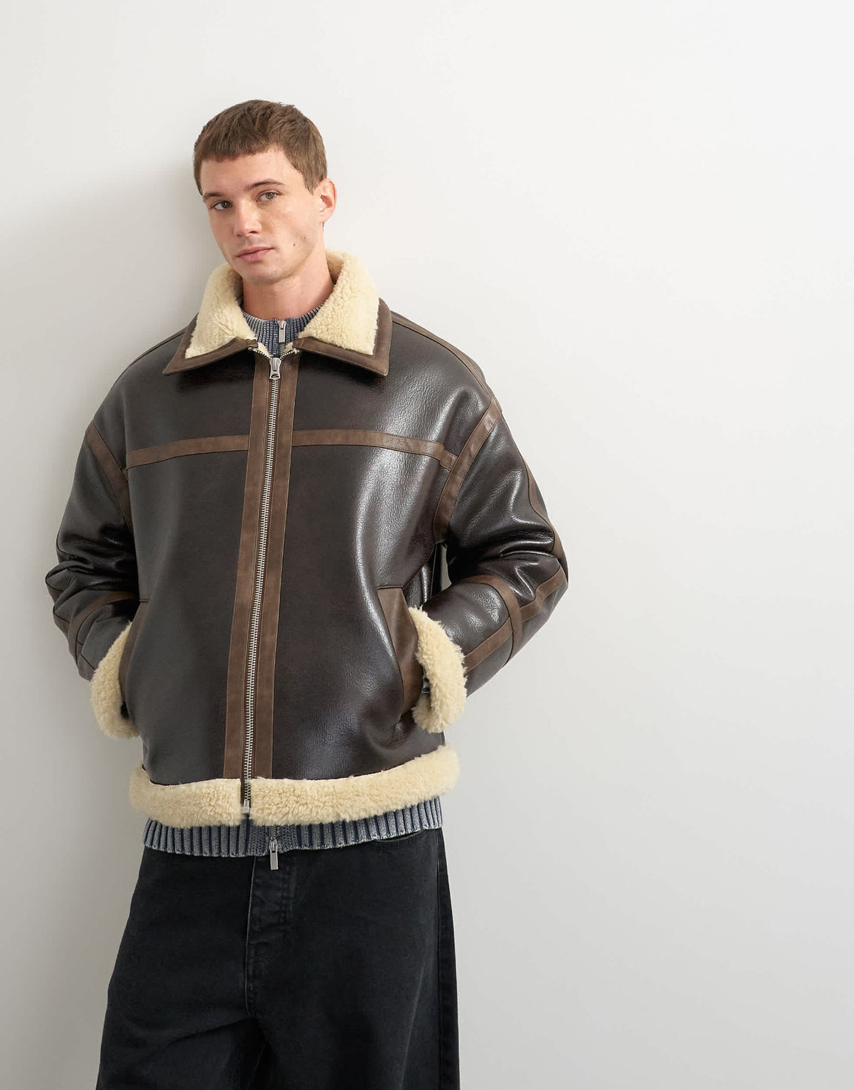 Topman faux shearling jacket in espresso brown