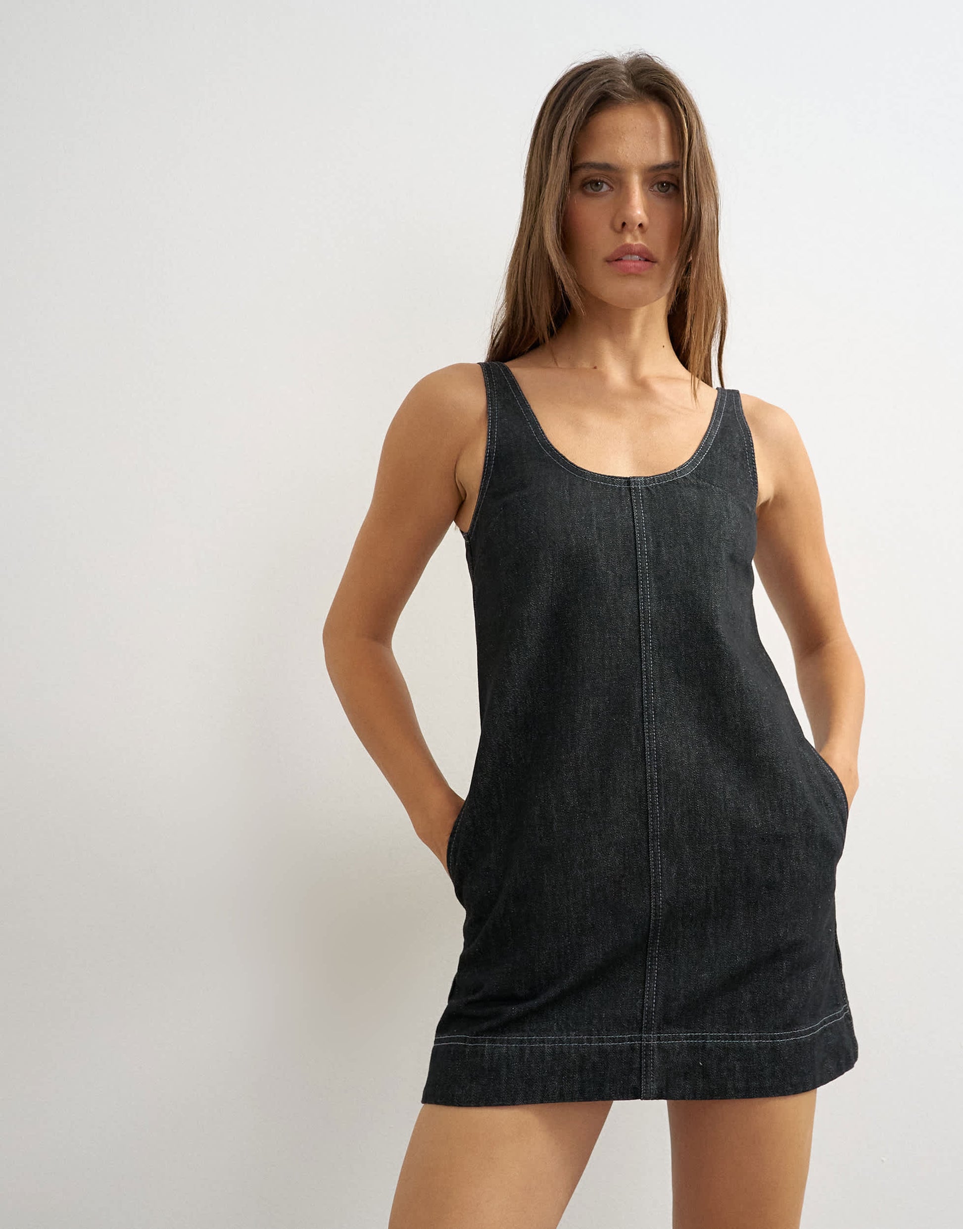 Topshop A-line scoop mini dress in black rinse