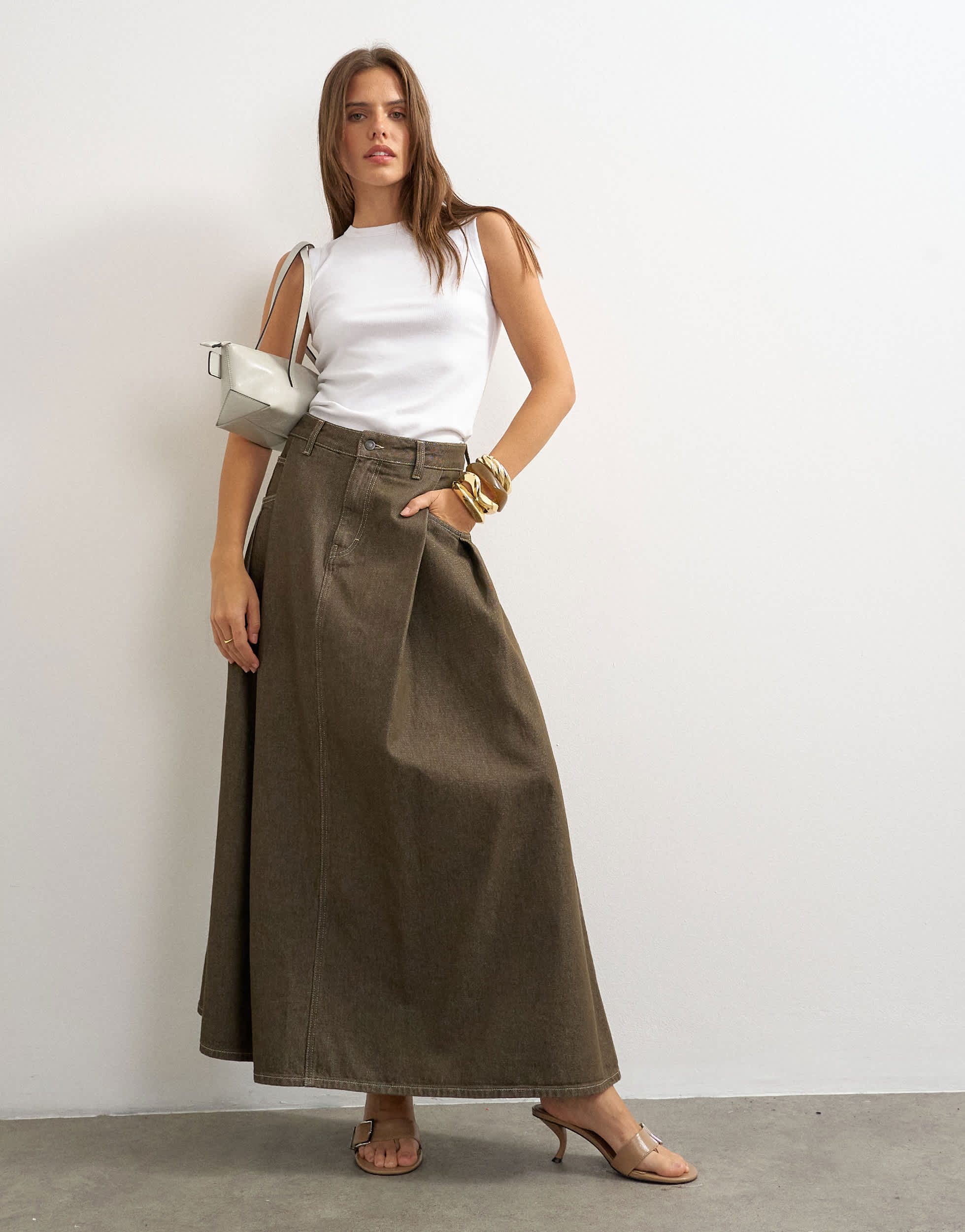 Topshop Cocoon maxi skirt in khaki