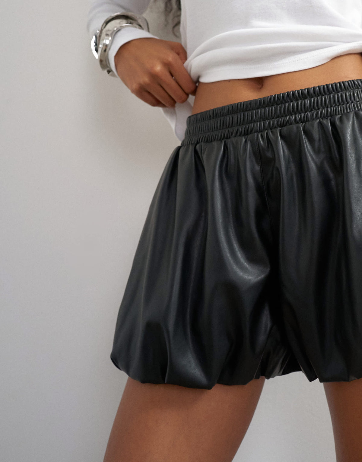 Topshop faux leather bubble short in black