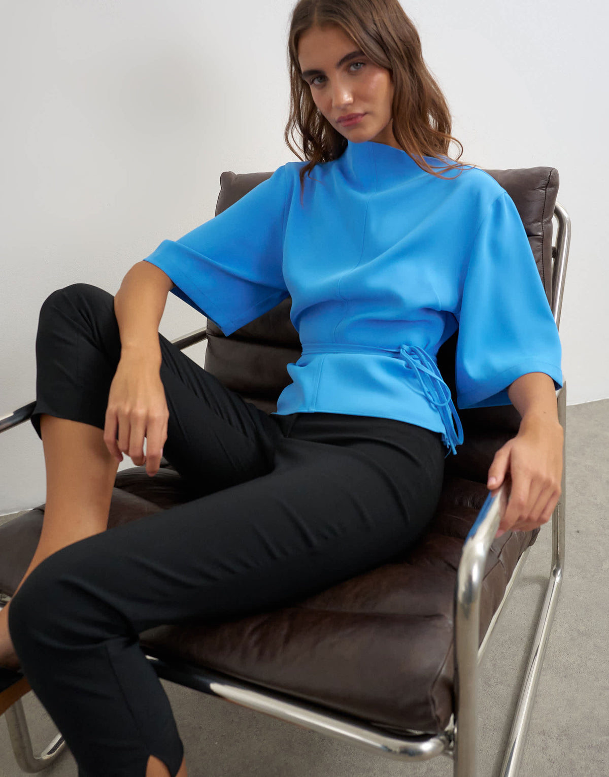 Topshop high neck tie detail short sleeved top in blue