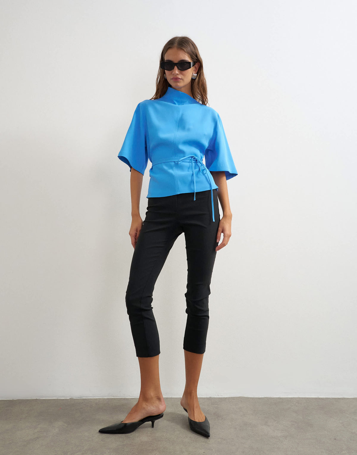 Topshop high neck tie detail short sleeved top in blue