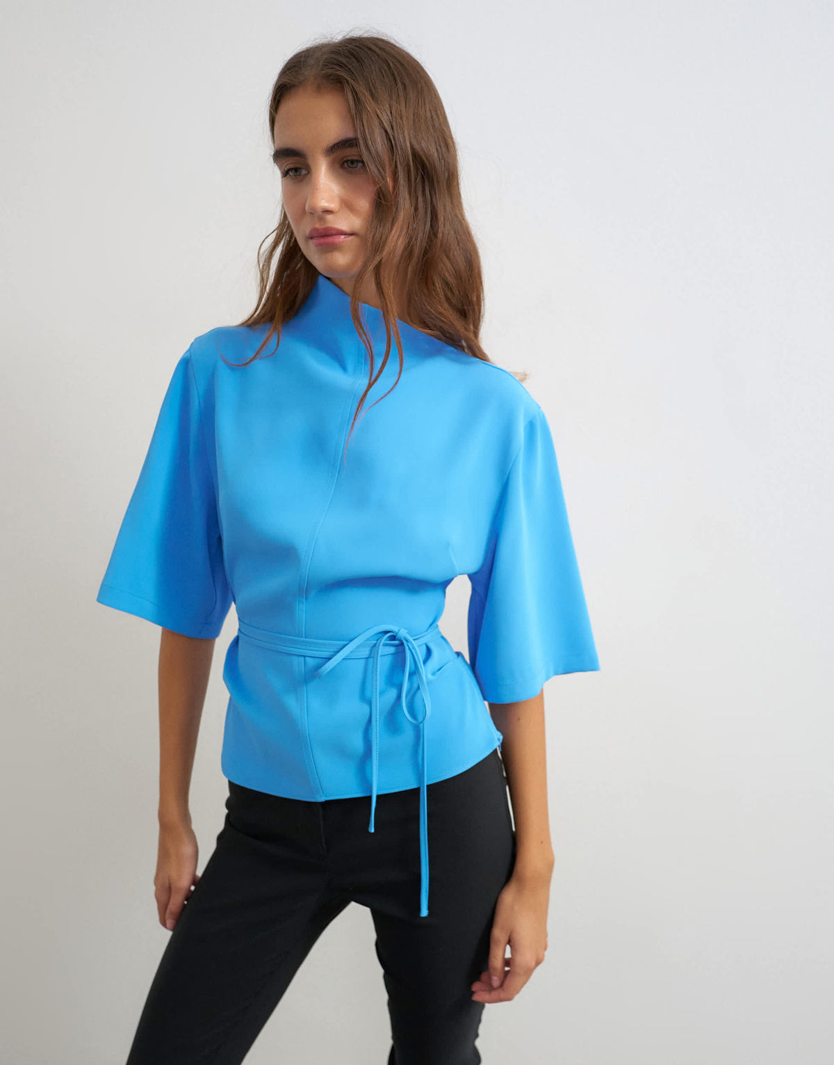 Topshop high neck tie detail short sleeved top in blue