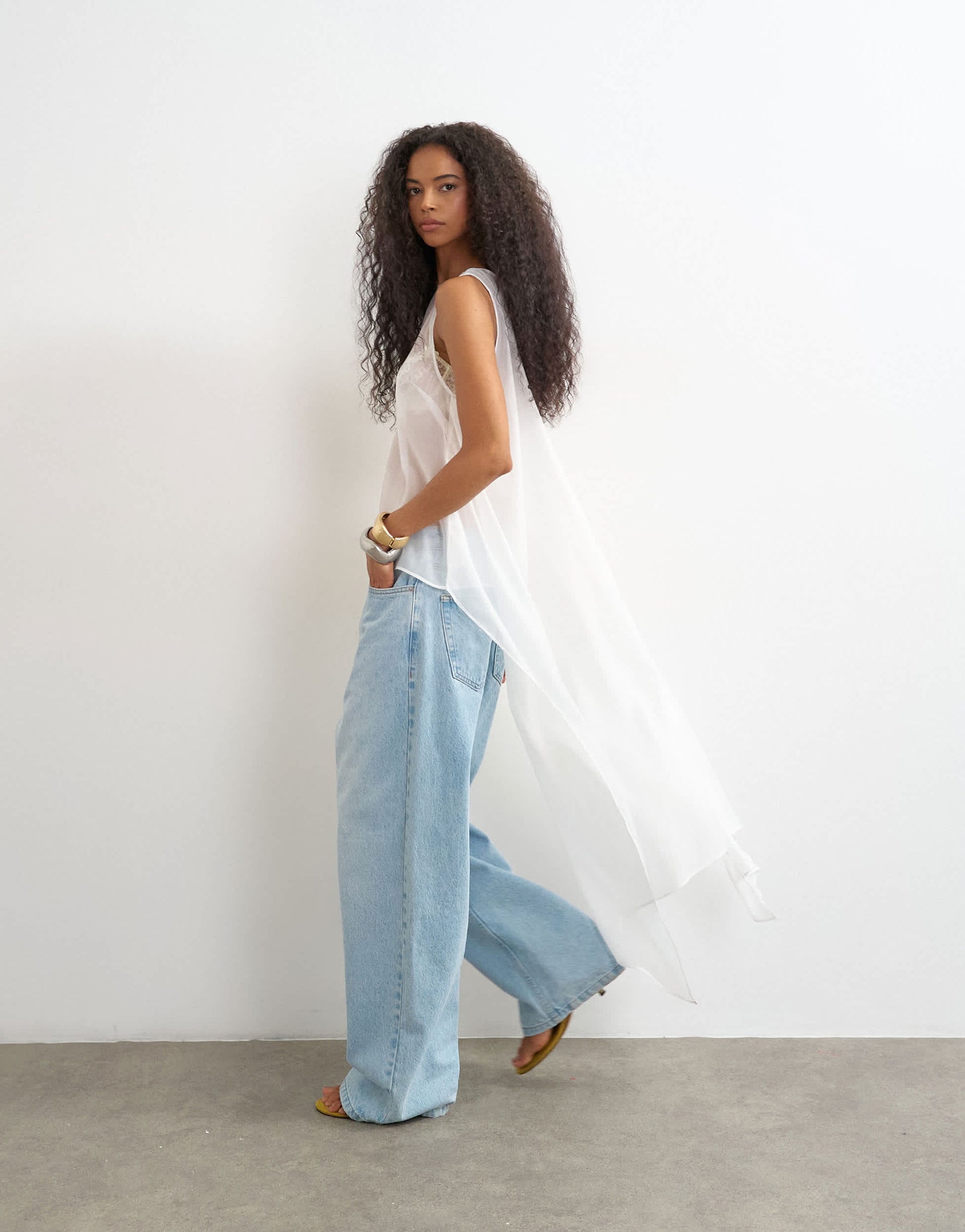 Topshop sheer organza drape tunic top in white