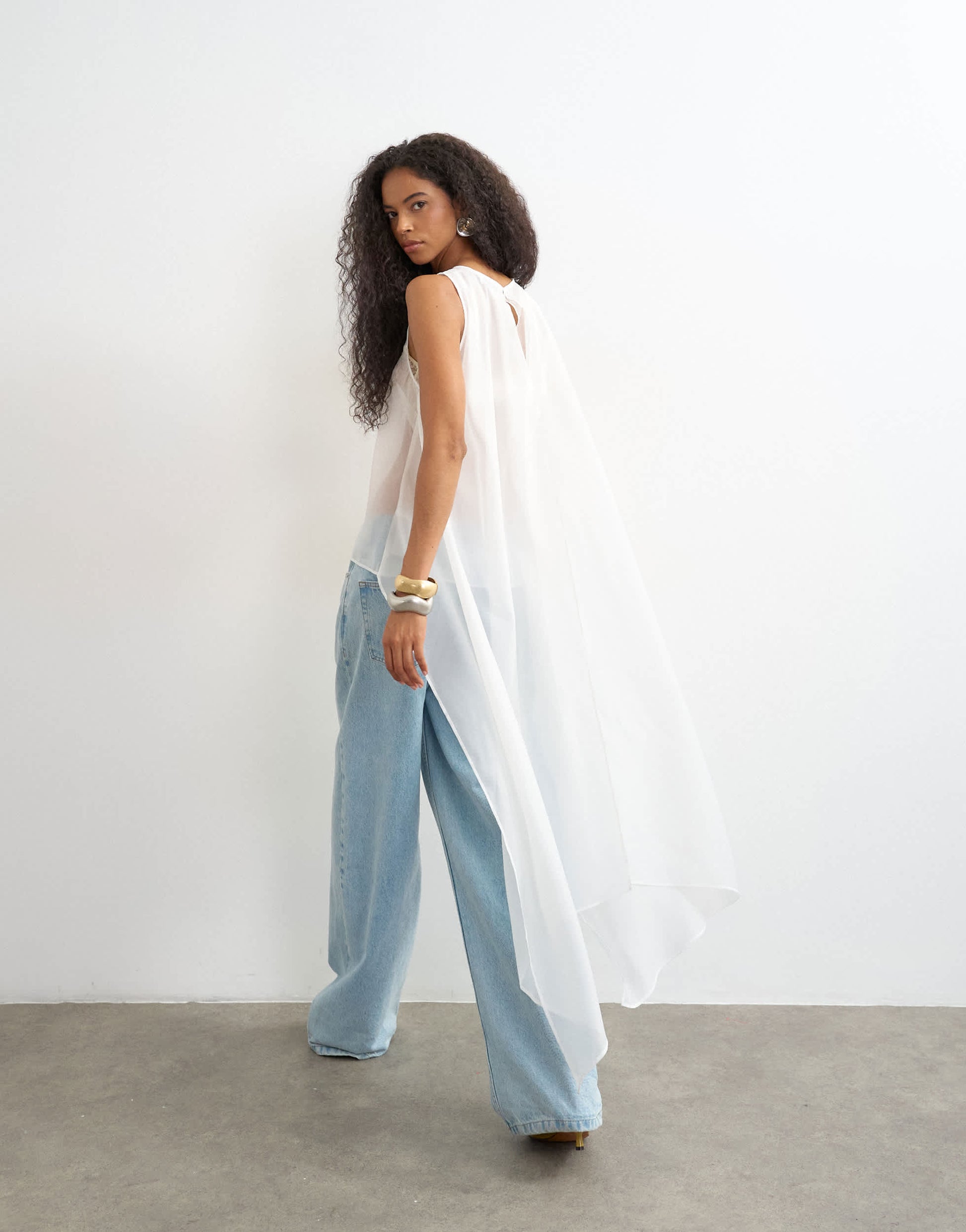 Topshop sheer organza drape tunic top in white