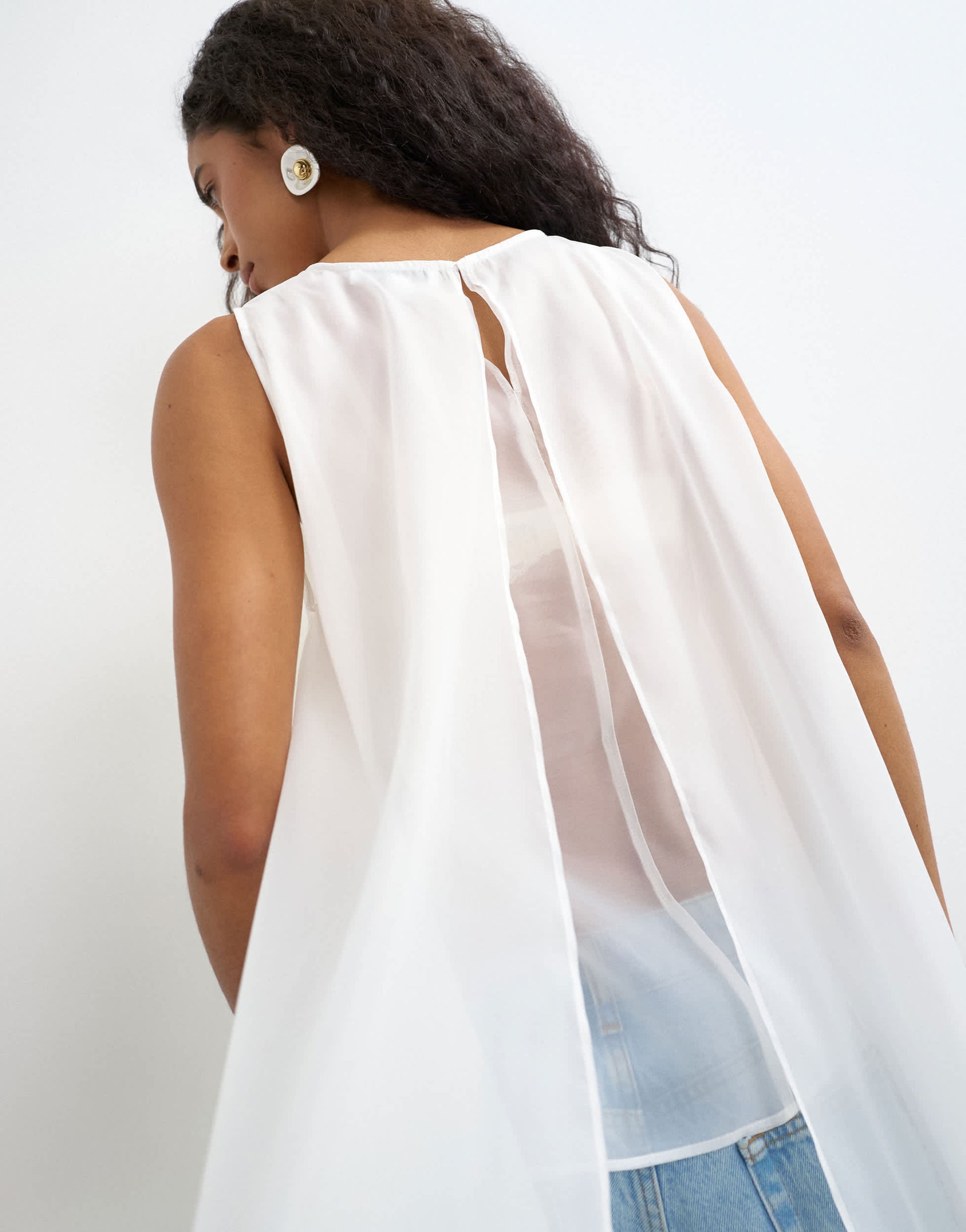 Topshop sheer organza drape tunic top in white