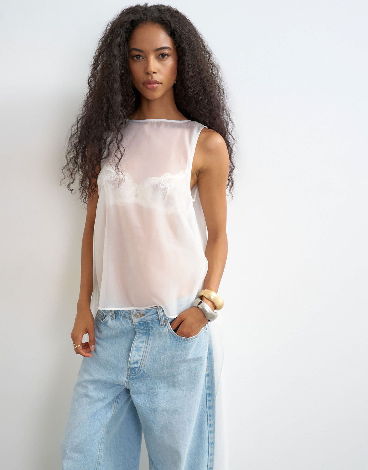 Topshop sheer organza drape tunic top in white